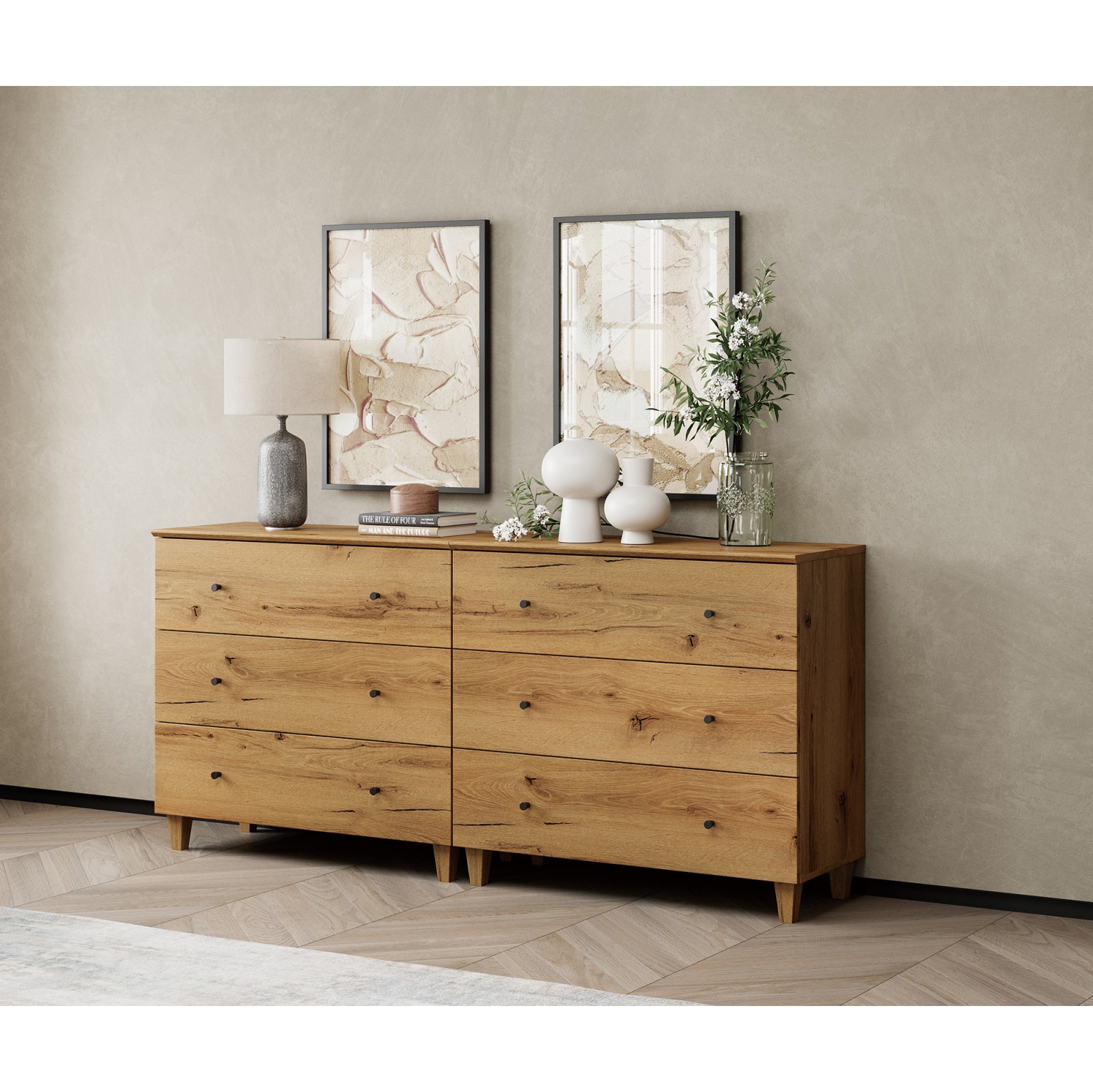 WAMPAT Set of 2 Nightstands with 3 Wide Drawers for Bedroom, Modern Wood Bedside Tables Chest Dressers Tall Night Stands, Large Sofa Side End Tables