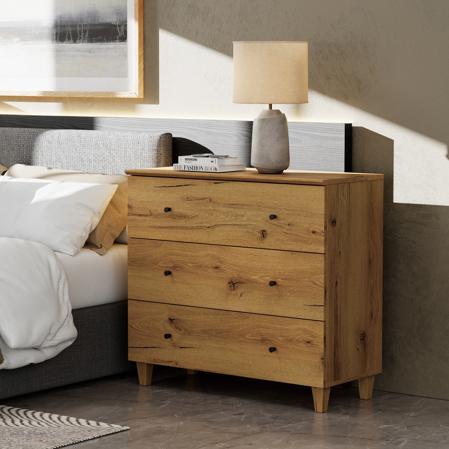 WAMPAT Nightstand with 3 Wide Drawers for Bedroom, Modern Wood Bedside Table Chest Dresser Tall Night Stand, Large Sofa Side End Table for Living