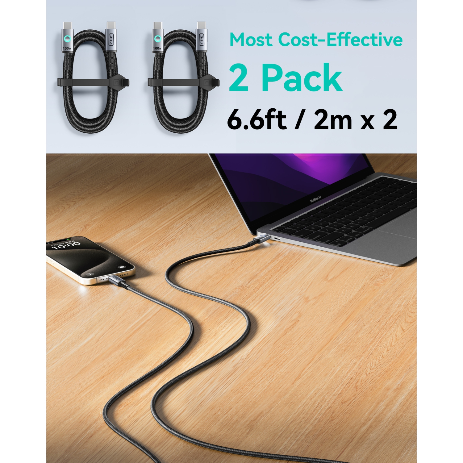 INIU 100W USB C to USB C Cable, 6.6ft 2-Pack Fast Charging Type C Cable for iPhone 16 15 Samsung Macbook iPad Kindle etc.