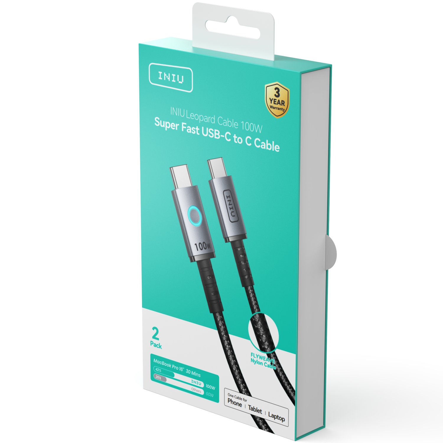 INIU 100W USB C to USB C Cable, 6.6ft 2-Pack Fast Charging Type C Cable for iPhone 16 15 Samsung Macbook iPad Kindle etc.