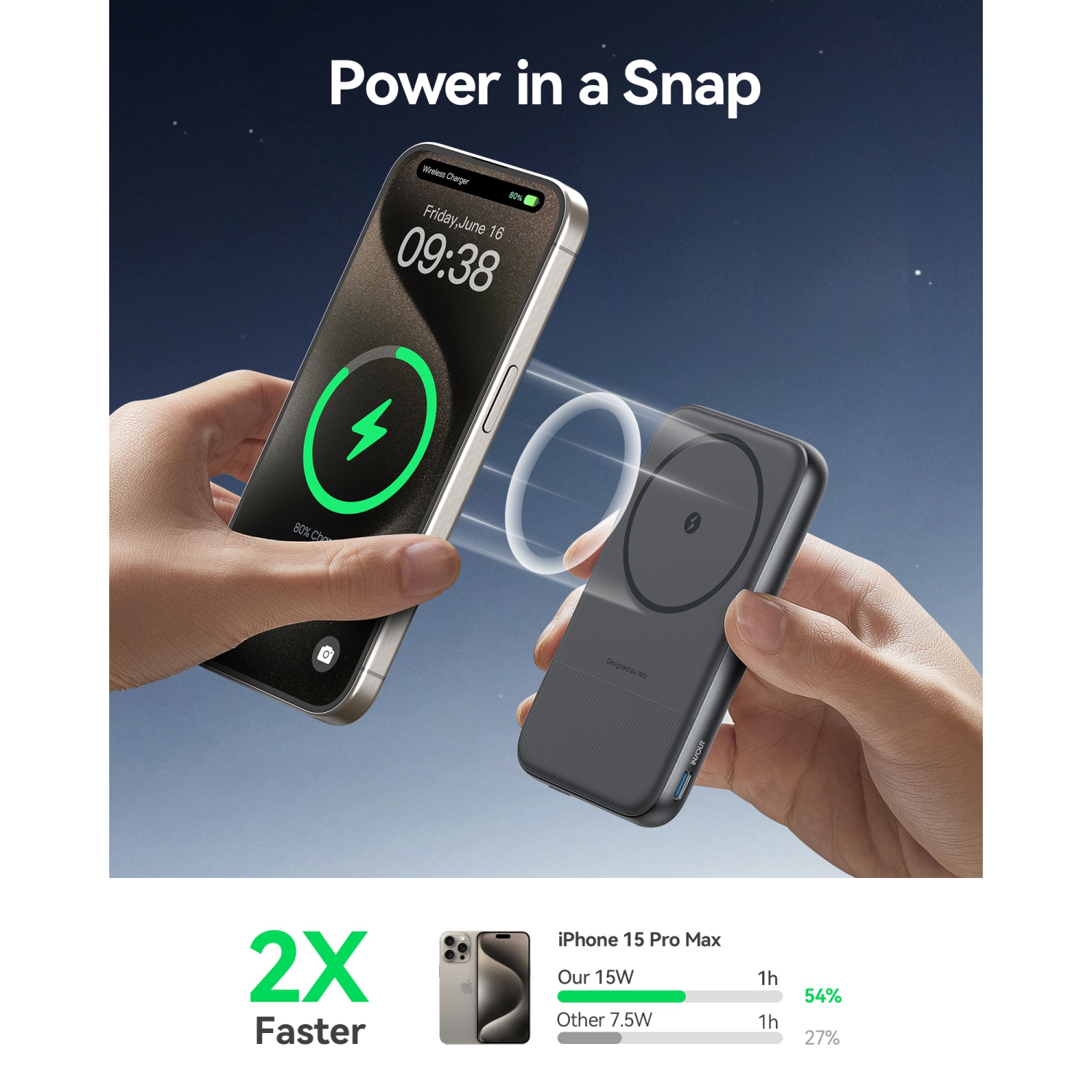 Chargeur portable 30&nbsp;W 10000&nbsp;mAh ultracompact avec support pliable pour iPhone 15/14/13/12