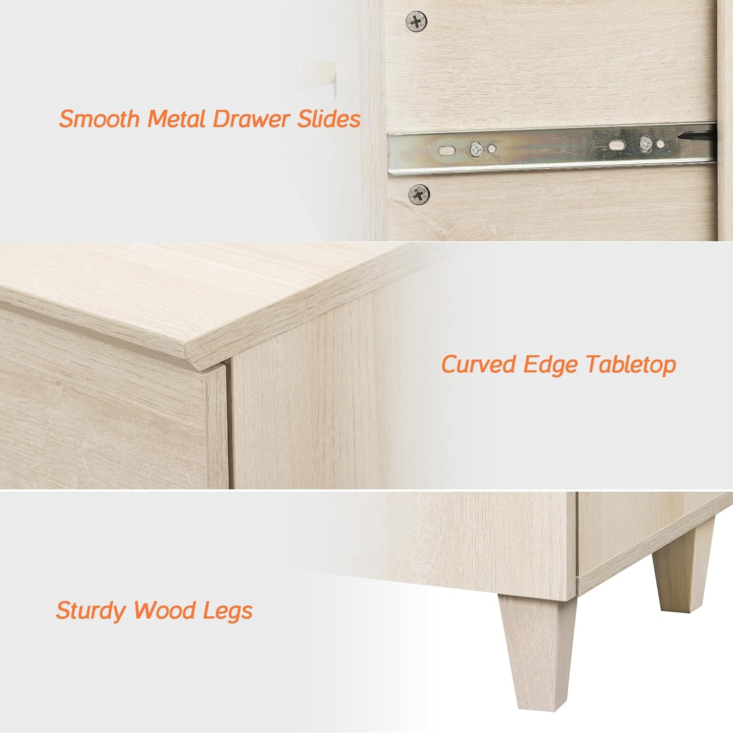 WAMPAT Set of 2 Nightstands with 3 Wide Drawers for Bedroom, Modern Wood Bedside Tables Chest Dressers Tall Night Stands, Large Sofa Side End Tables