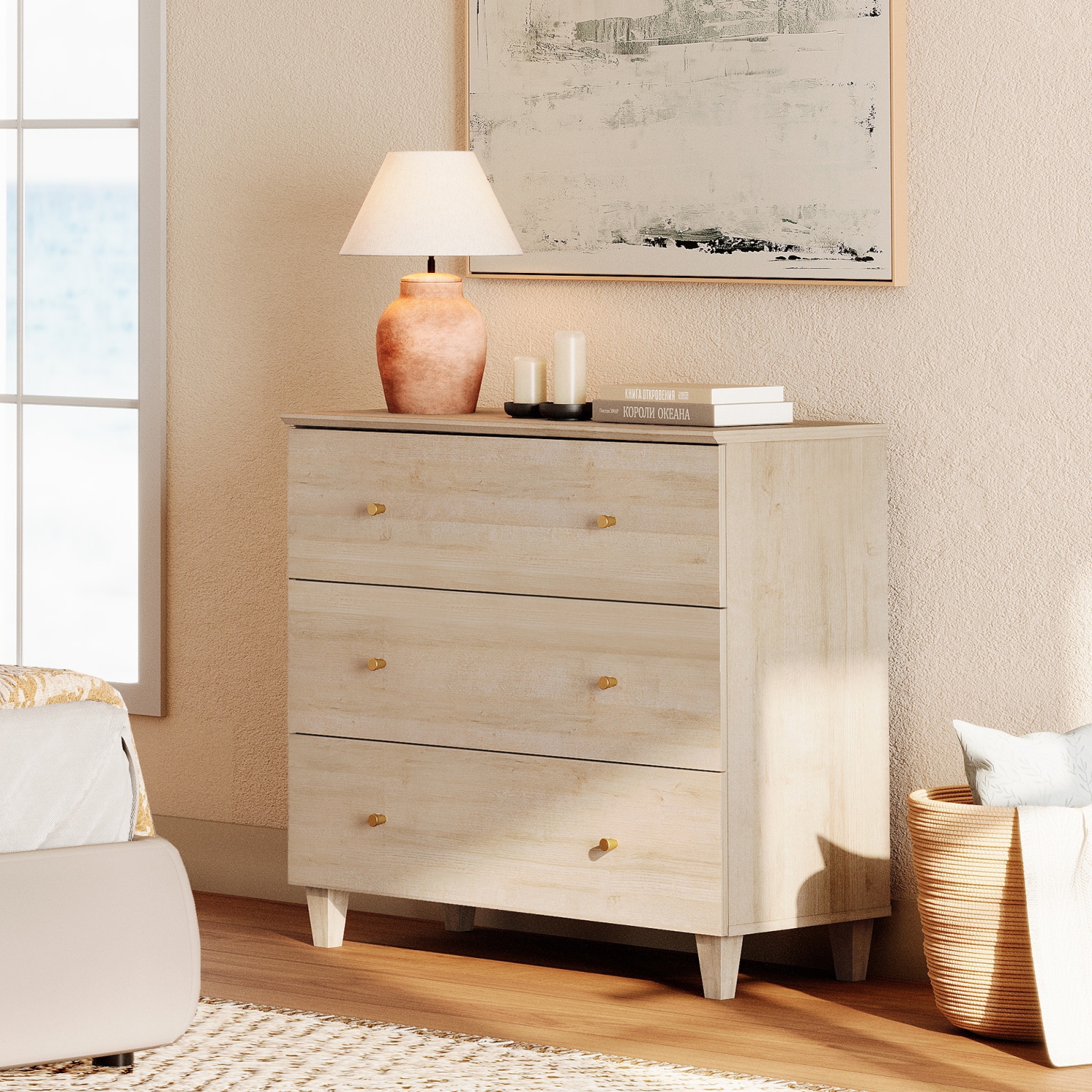 WAMPAT Nightstand with 3 Wide Drawers for Bedroom, Modern Wood Bedside Table Chest Dresser Tall Night Stand, Large Sofa Side End Table for Living