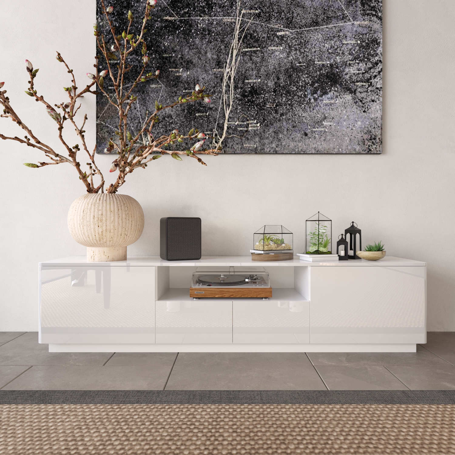 Homsee – Meuble pour téléviseur moderne très lustré avec tiroirs de rangement et tablettes ouvertes, 70,8&nbsp;po larg. X 14,5&nbsp;po prof. X