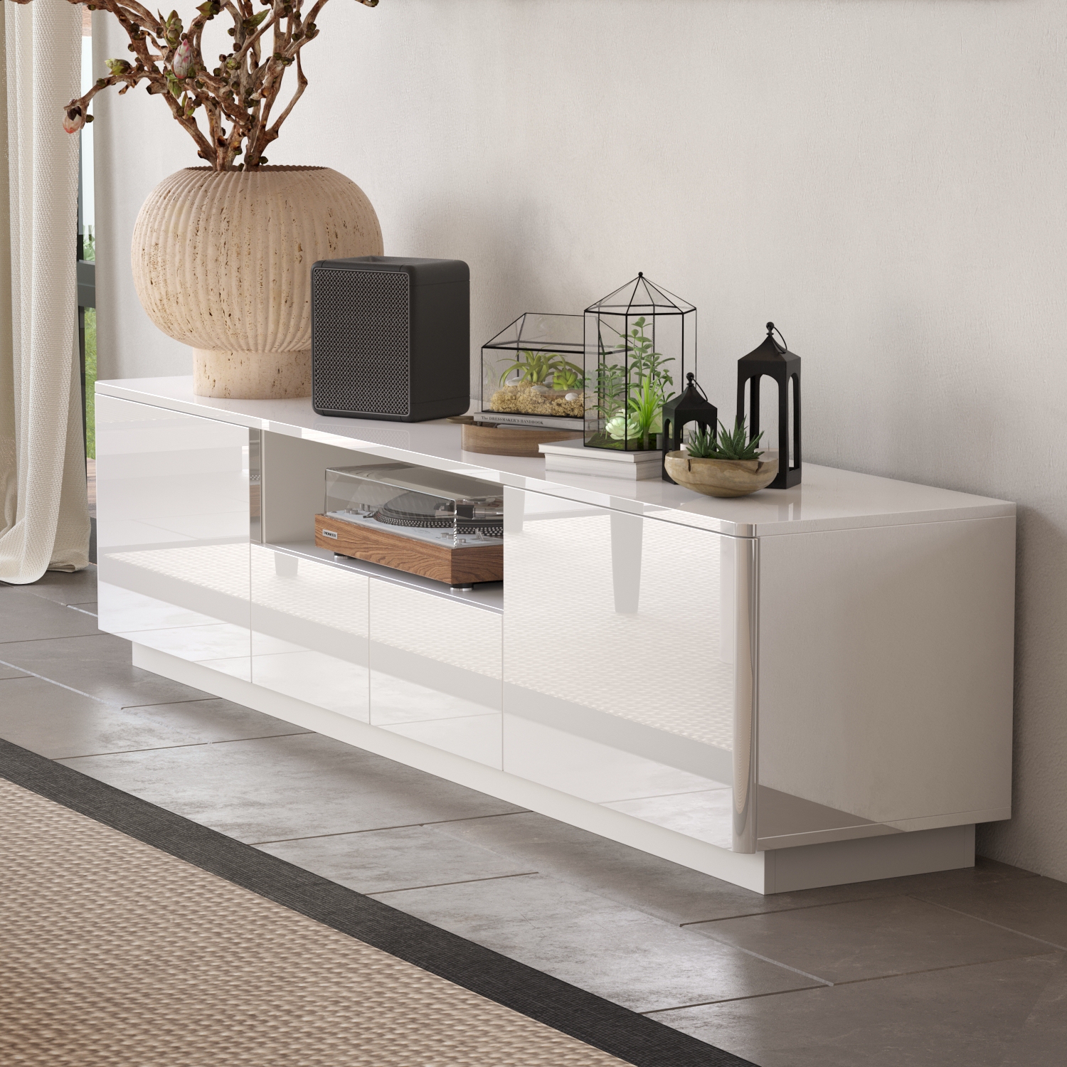 Homsee – Meuble pour téléviseur moderne très lustré avec tiroirs de rangement et tablettes ouvertes, 70,8&nbsp;po larg. X 14,5&nbsp;po prof. X