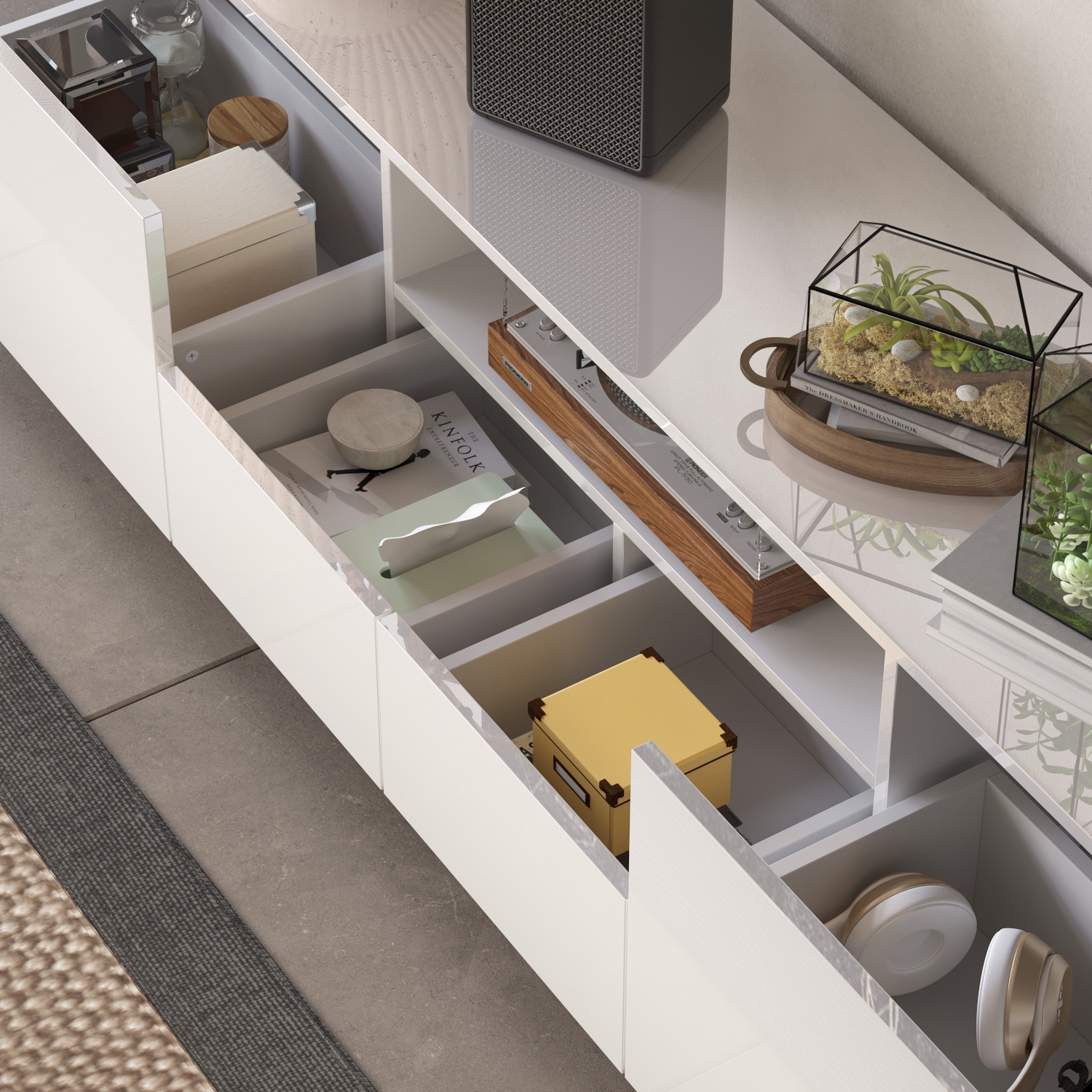 Homsee – Meuble pour téléviseur moderne très lustré avec tiroirs de rangement et tablettes ouvertes, 70,8&nbsp;po larg. X 14,5&nbsp;po prof. X