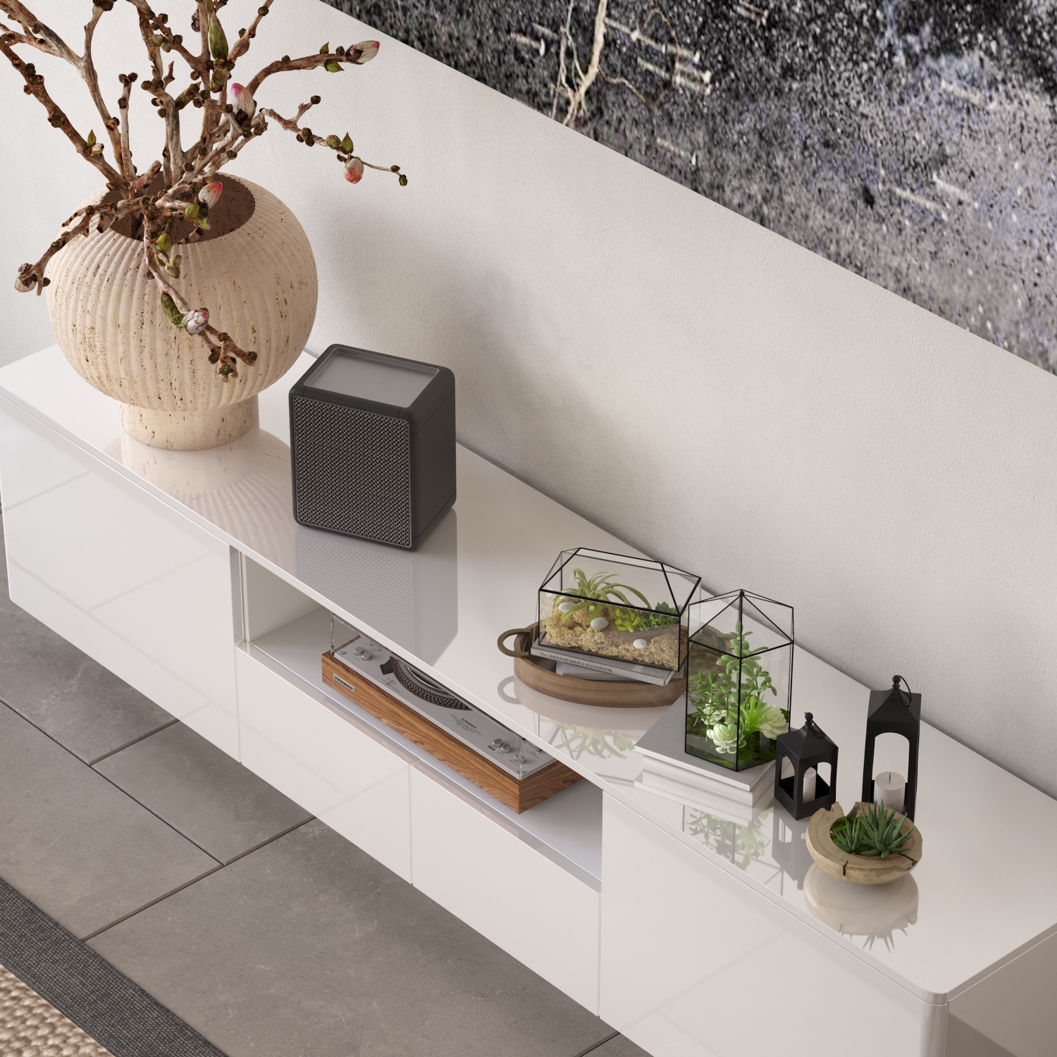 Homsee – Meuble pour téléviseur moderne très lustré avec tiroirs de rangement et tablettes ouvertes, 70,8&nbsp;po larg. X 14,5&nbsp;po prof. X