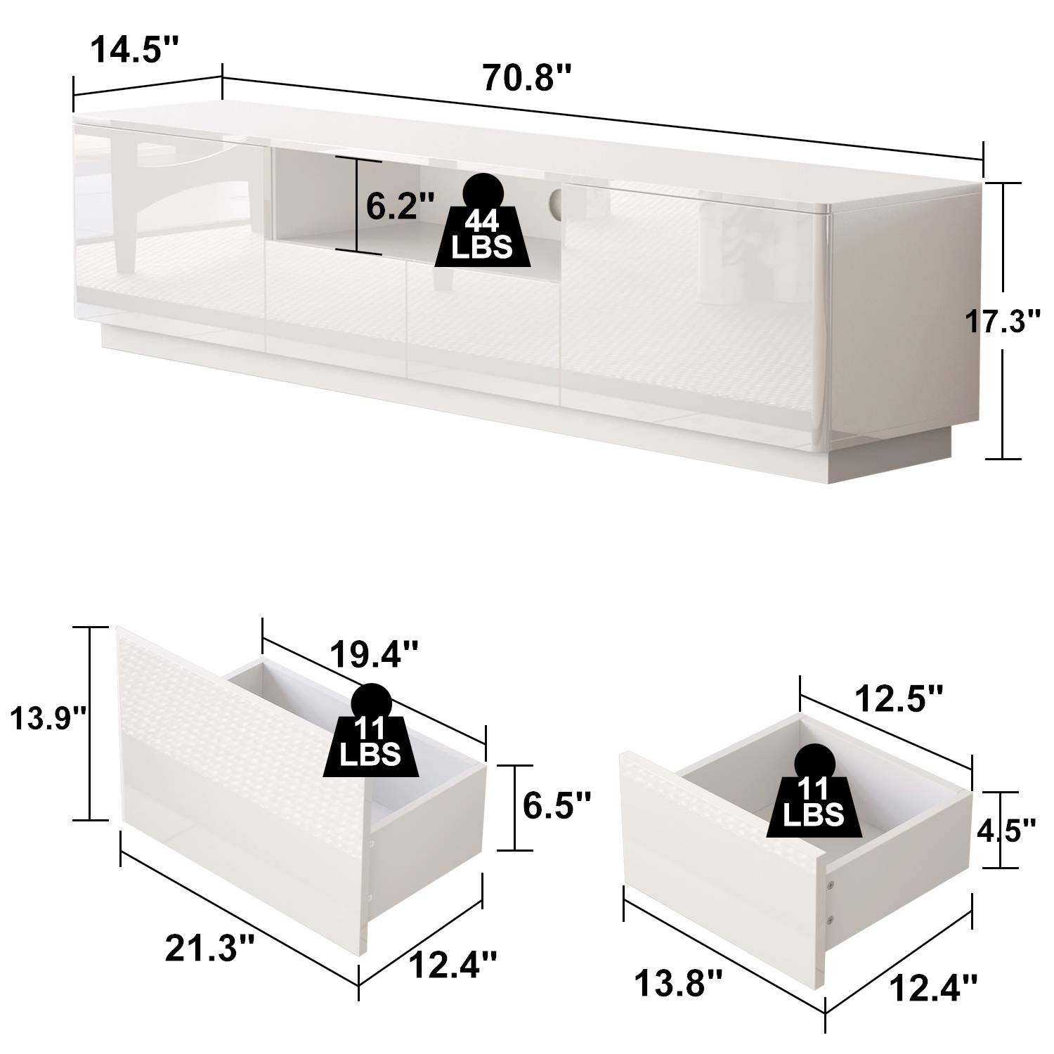 Homsee – Meuble pour téléviseur moderne très lustré avec tiroirs de rangement et tablettes ouvertes, 70,8&nbsp;po larg. X 14,5&nbsp;po prof. X
