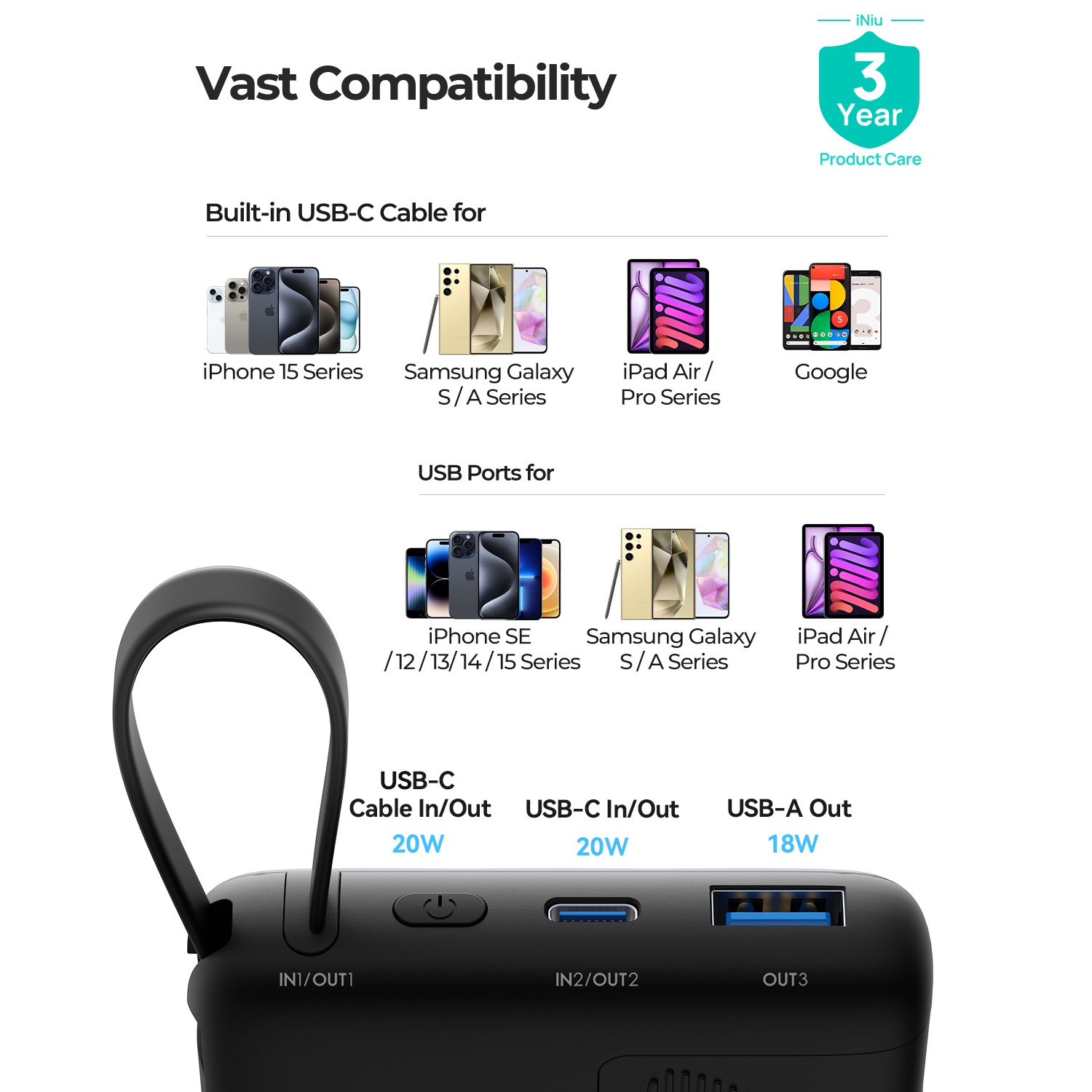 Chargeur portatif d'INIU, chargeur portable compact 10000&nbsp;mAh PD 20&nbsp;W avec câble USB-C intégré pour iPhone, Samsung, etc.