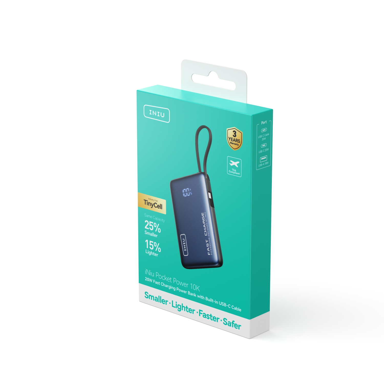 Chargeur portatif d'INIU, chargeur portable compact 10000&nbsp;mAh PD 20&nbsp;W avec câble USB-C intégré pour iPhone, Samsung, etc.