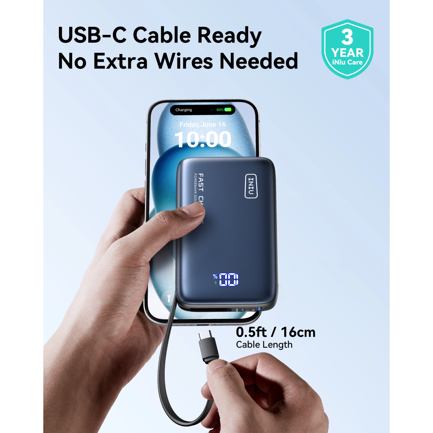 Chargeur portatif d'INIU, chargeur portable compact 20000&nbsp;mAh PD 20&nbsp;W avec câble USB-C intégré pour iPhone, Samsung, etc.