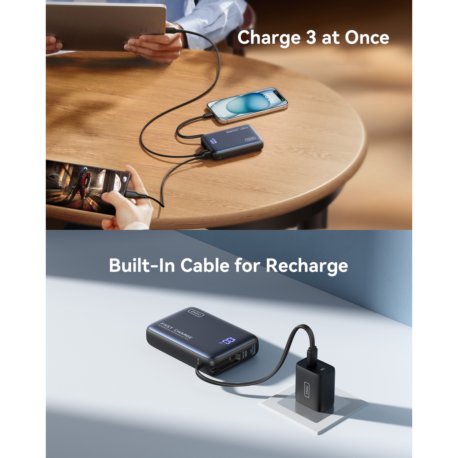 Chargeur portatif d'INIU, chargeur portable compact 20000&nbsp;mAh PD 20&nbsp;W avec câble USB-C intégré pour iPhone, Samsung, etc.