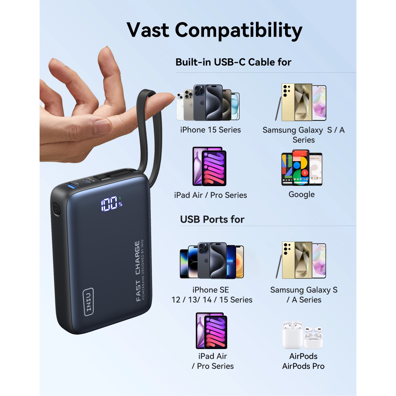 Chargeur portatif d'INIU, chargeur portable compact 20000&nbsp;mAh PD 20&nbsp;W avec câble USB-C intégré pour iPhone, Samsung, etc.