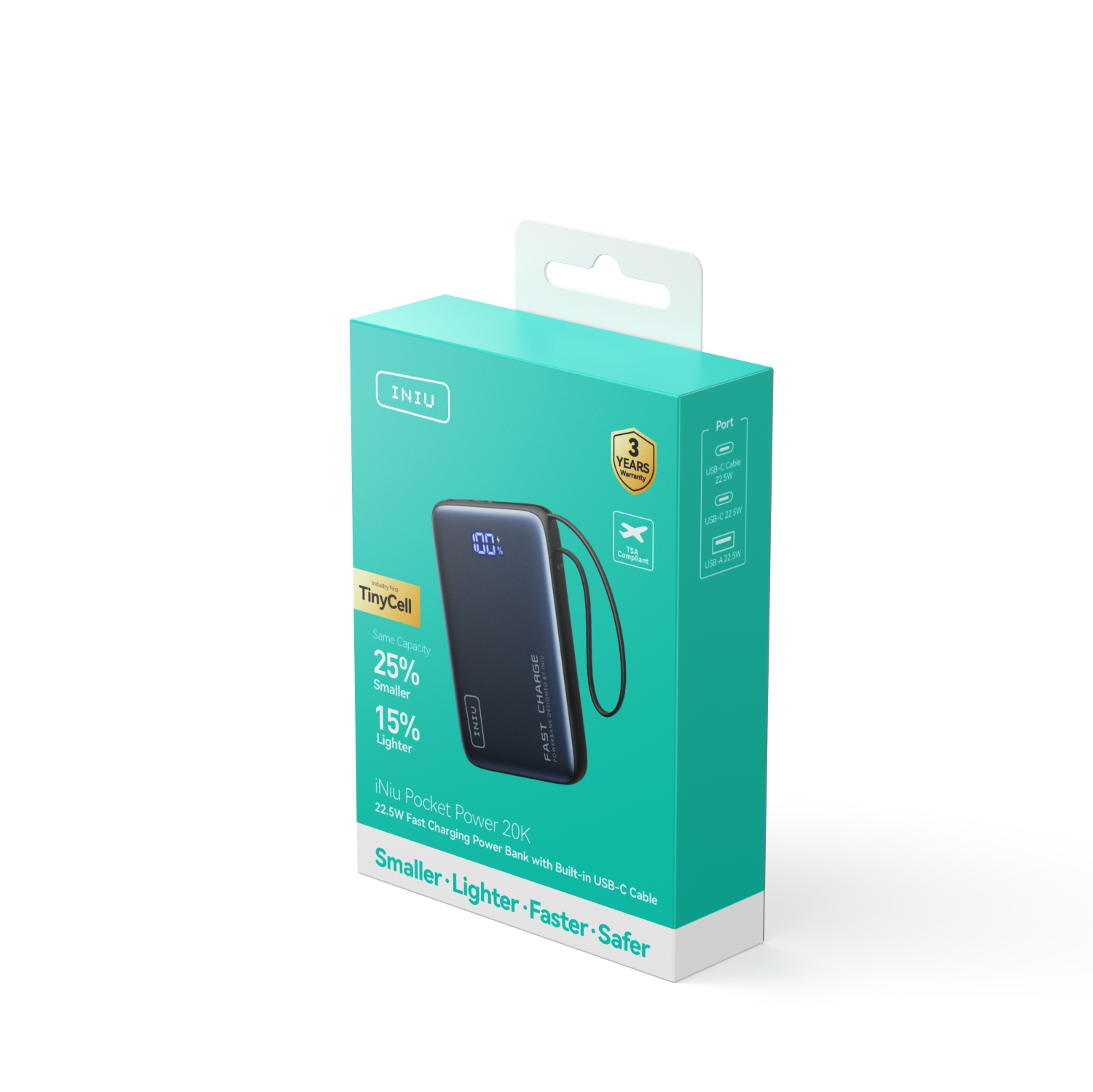 Chargeur portatif d'INIU, chargeur portable compact 20000&nbsp;mAh PD 20&nbsp;W avec câble USB-C intégré pour iPhone, Samsung, etc.