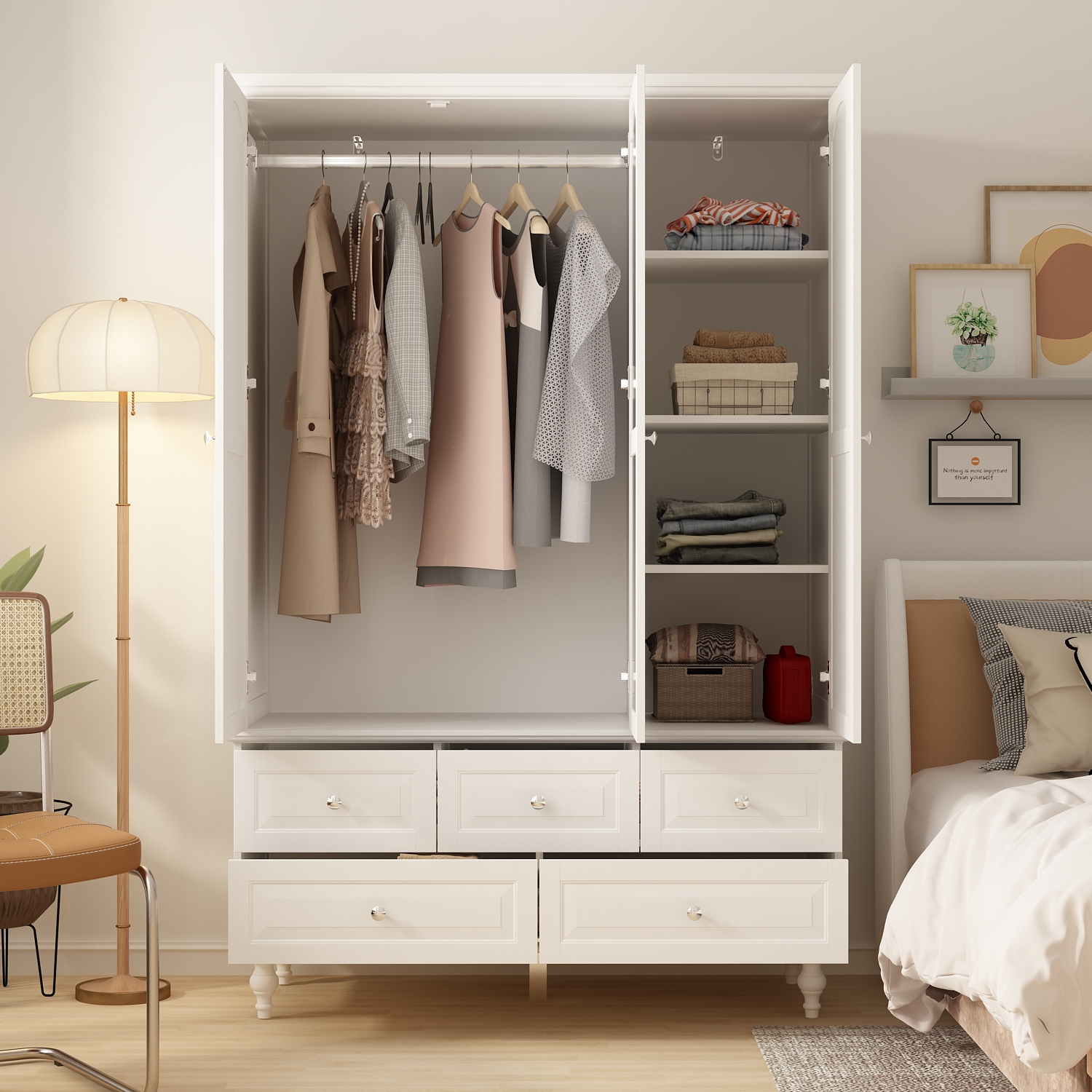 Garde-robe autonome blanc Homsee avec tringles suspendues, tablettes réglables et 5 tiroirs – Espace de rangement spacieux pour la chambre à coucher,
