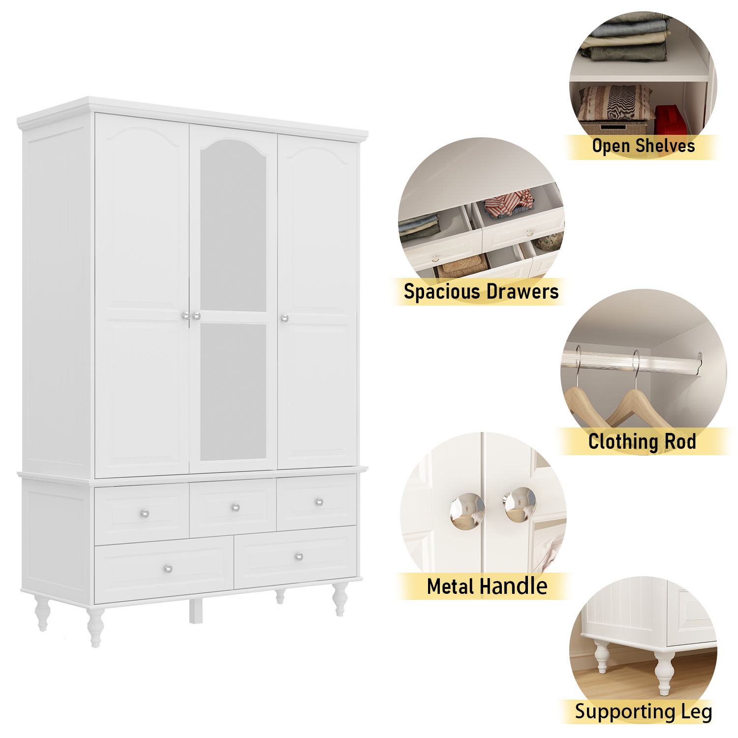 Garde-robe autonome blanc Homsee avec tringles suspendues, tablettes réglables et 5 tiroirs – Espace de rangement spacieux pour la chambre à coucher,