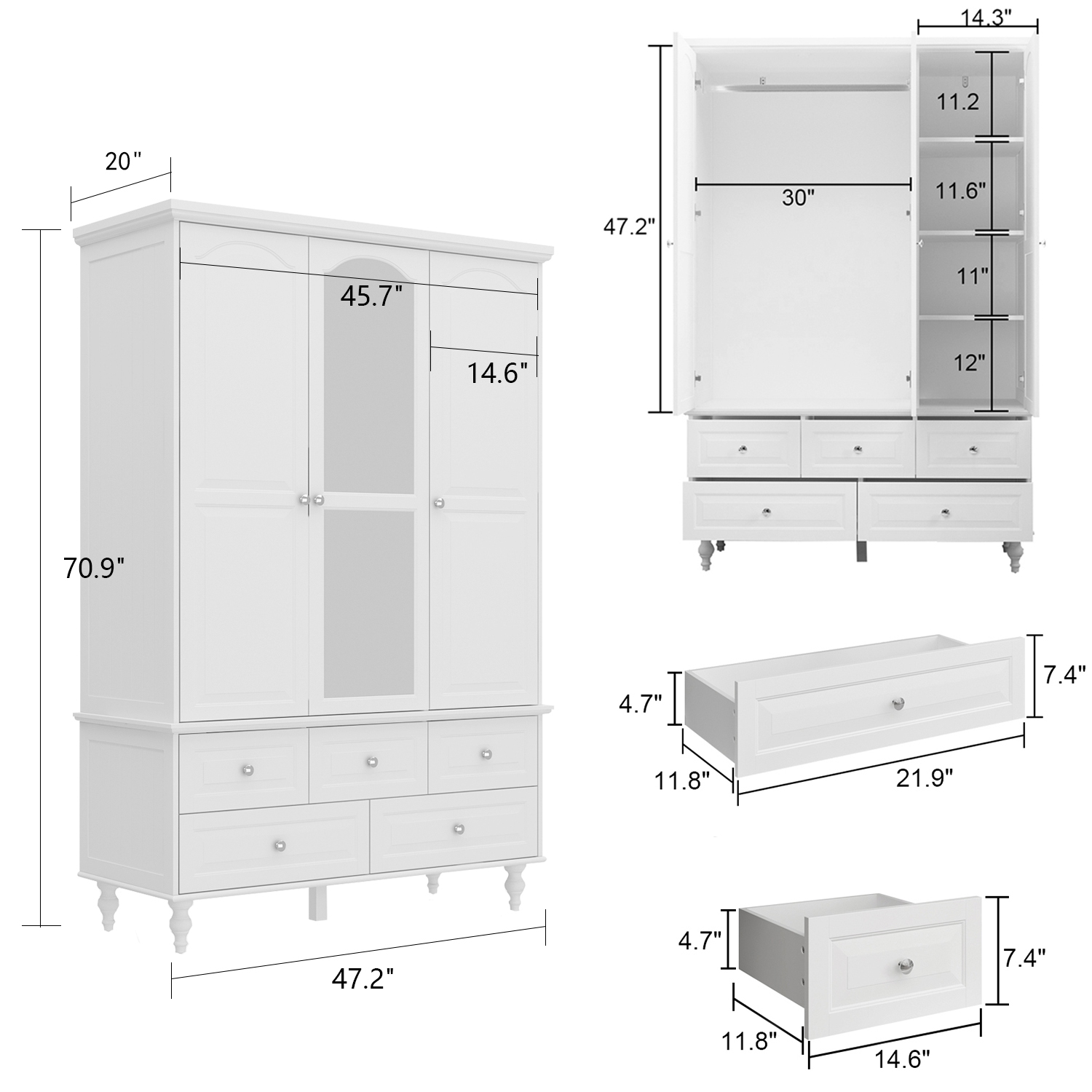 Garde-robe autonome blanc Homsee avec tringles suspendues, tablettes réglables et 5 tiroirs – Espace de rangement spacieux pour la chambre à coucher,