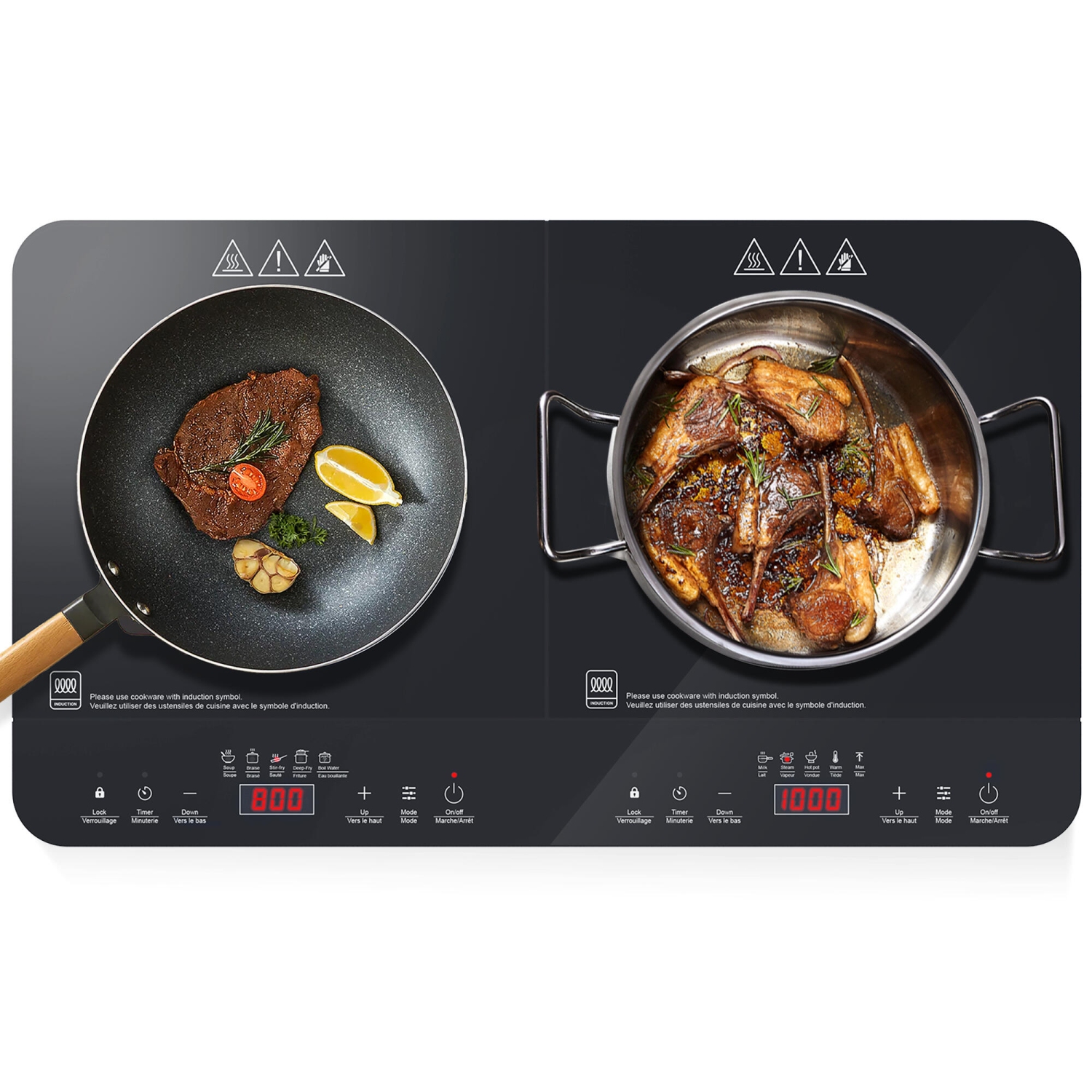 Surface de cuisson à induction à 2 brûleurs de 1800&nbsp;W, brûleurs de comptoir portatifs avec commande de température réglable, minuterie et verrou