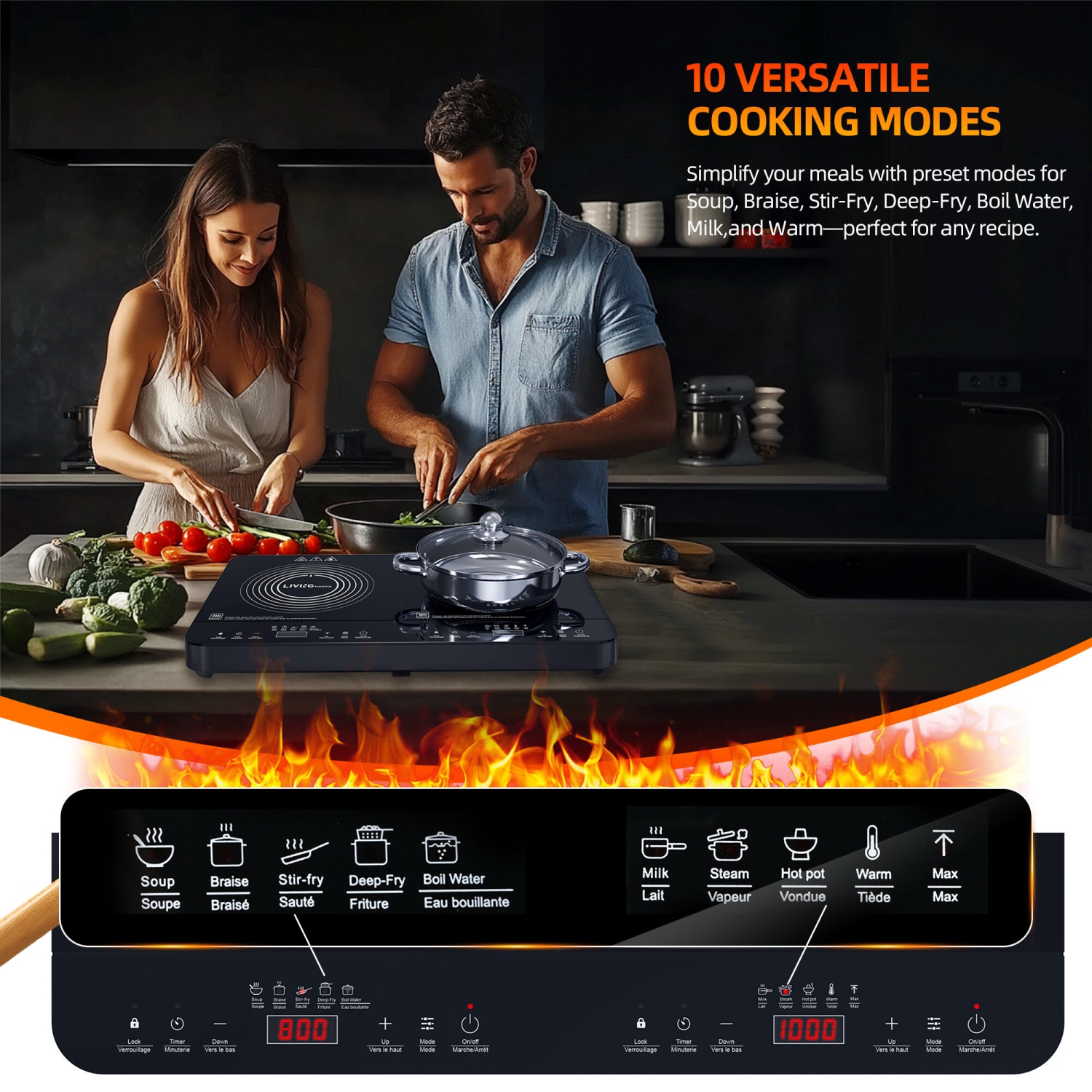 Surface de cuisson à induction à 2 brûleurs de 1800&nbsp;W, brûleurs de comptoir portatifs avec commande de température réglable, minuterie et verrou