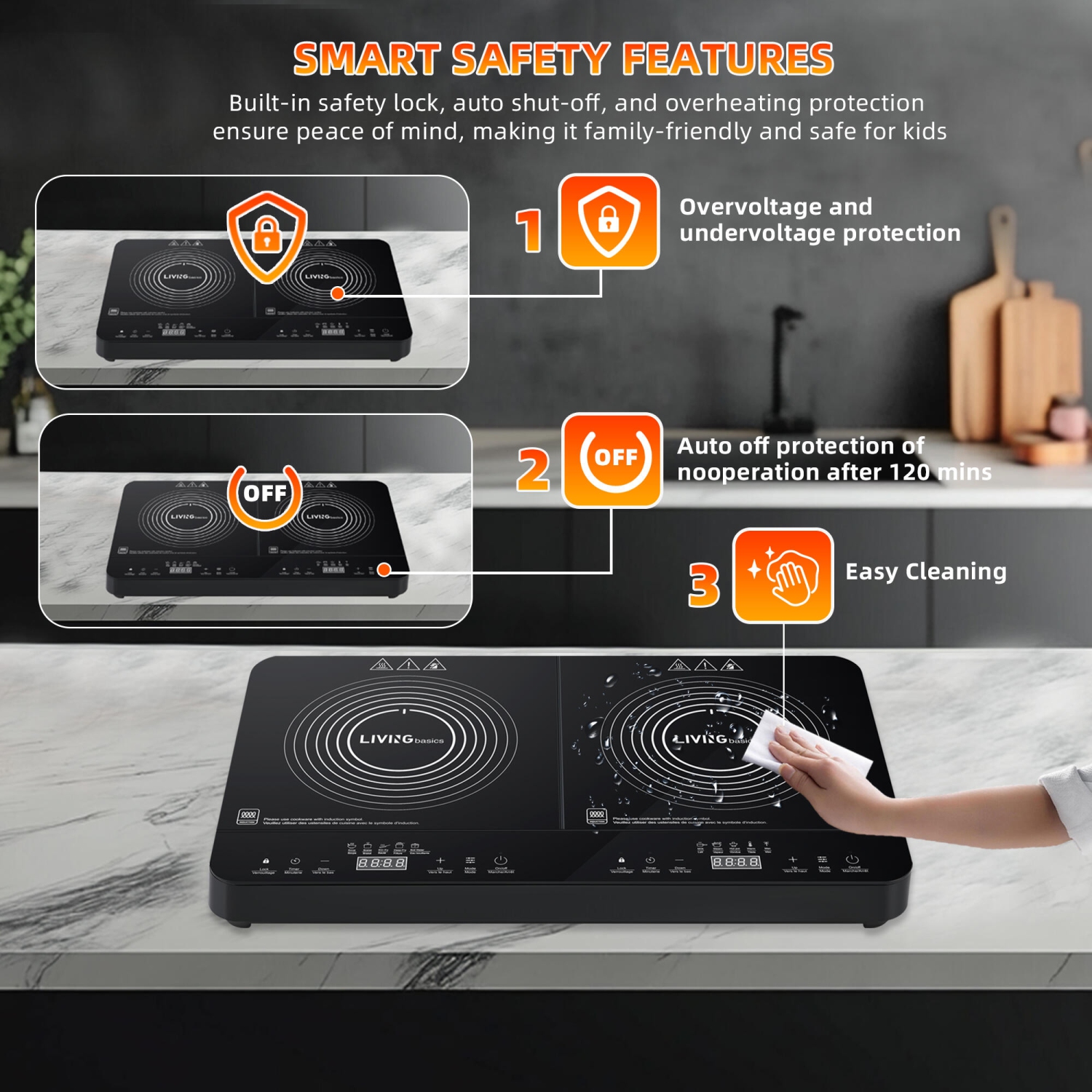 Surface de cuisson à induction à 2 brûleurs de 1800&nbsp;W, brûleurs de comptoir portatifs avec commande de température réglable, minuterie et verrou