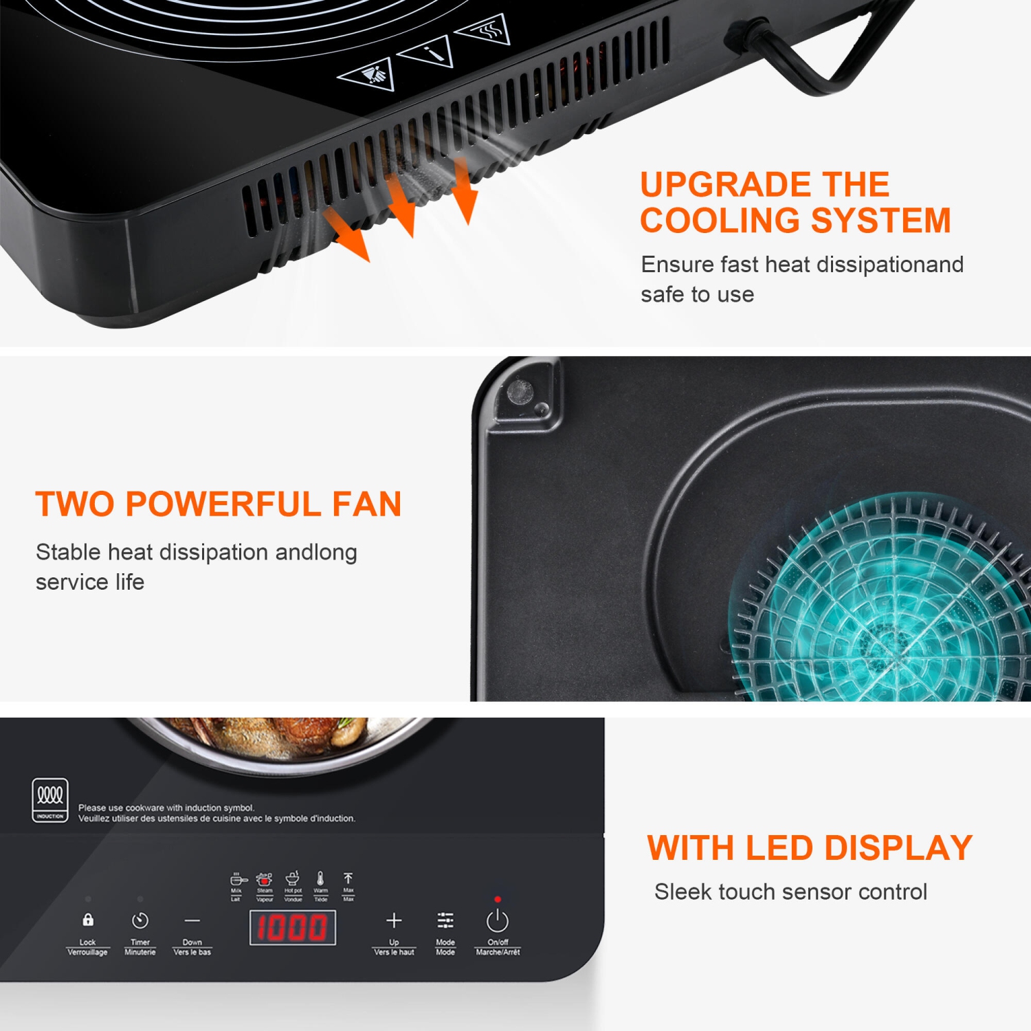 Surface de cuisson à induction à 2 brûleurs de 1800&nbsp;W, brûleurs de comptoir portatifs avec commande de température réglable, minuterie et verrou