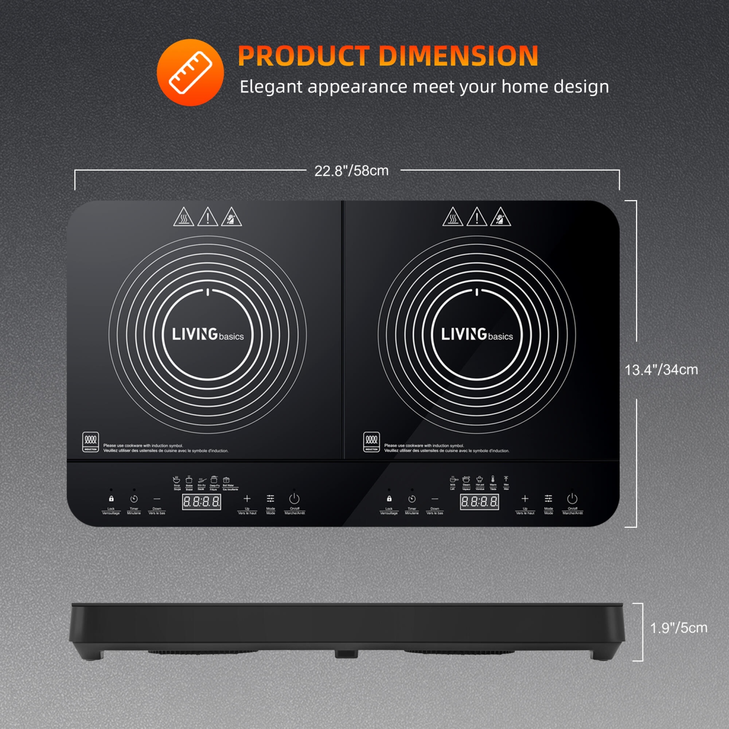 Surface de cuisson à induction à 2 brûleurs de 1800&nbsp;W, brûleurs de comptoir portatifs avec commande de température réglable, minuterie et verrou