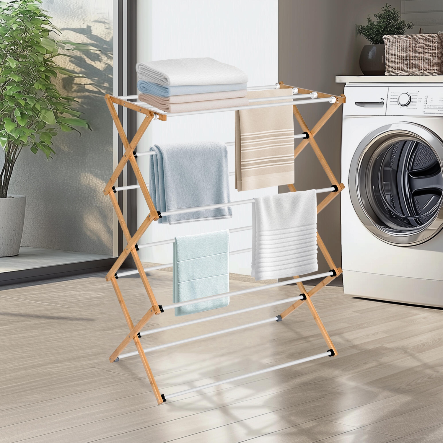 Foldable Bamboo Clothes Drying Rack for dry garments, sheets, clothes, towels
