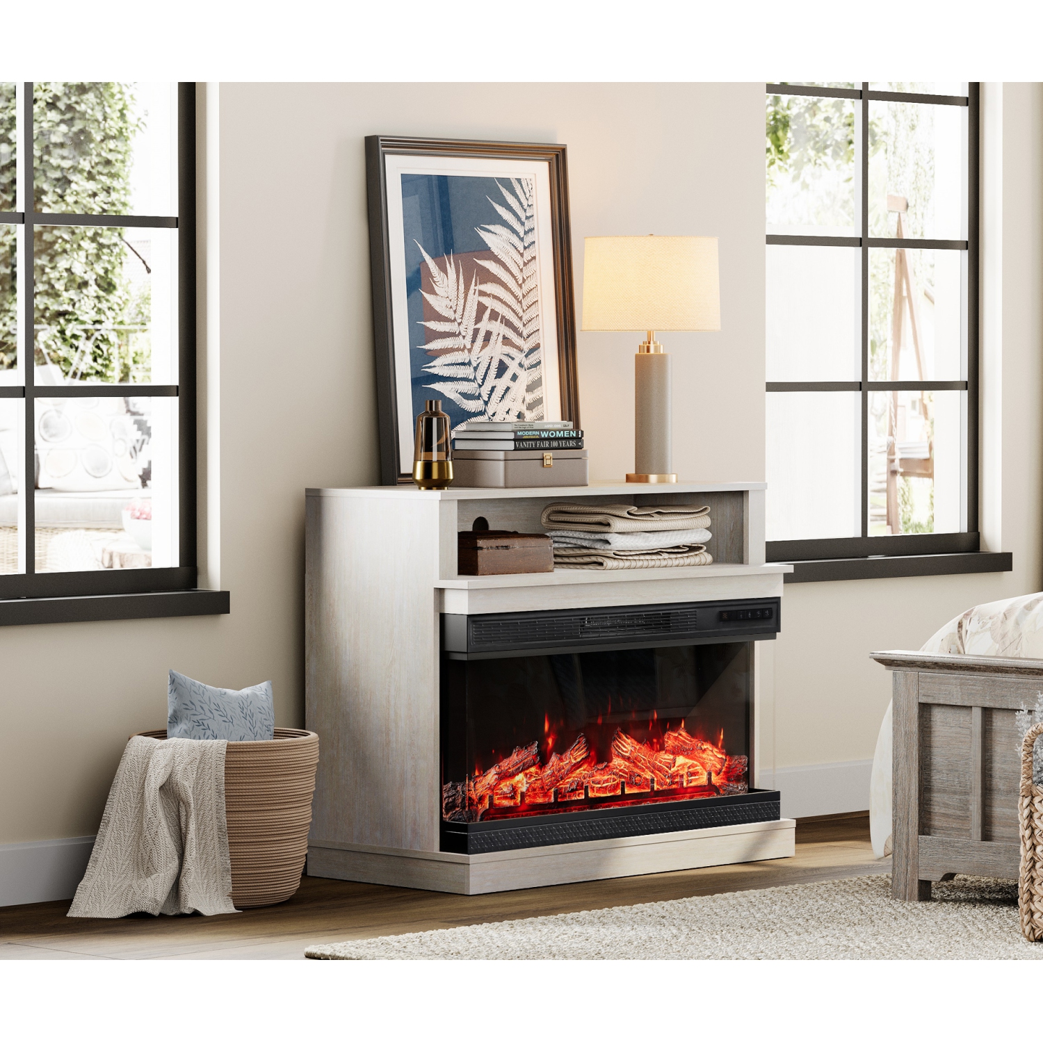 WAMPAT LED Fireplace TV Stand for Living Room, Tall Entertainment Center for 45 inch TV, TV Console with 36 Inch Electric Fireplace, Antique White