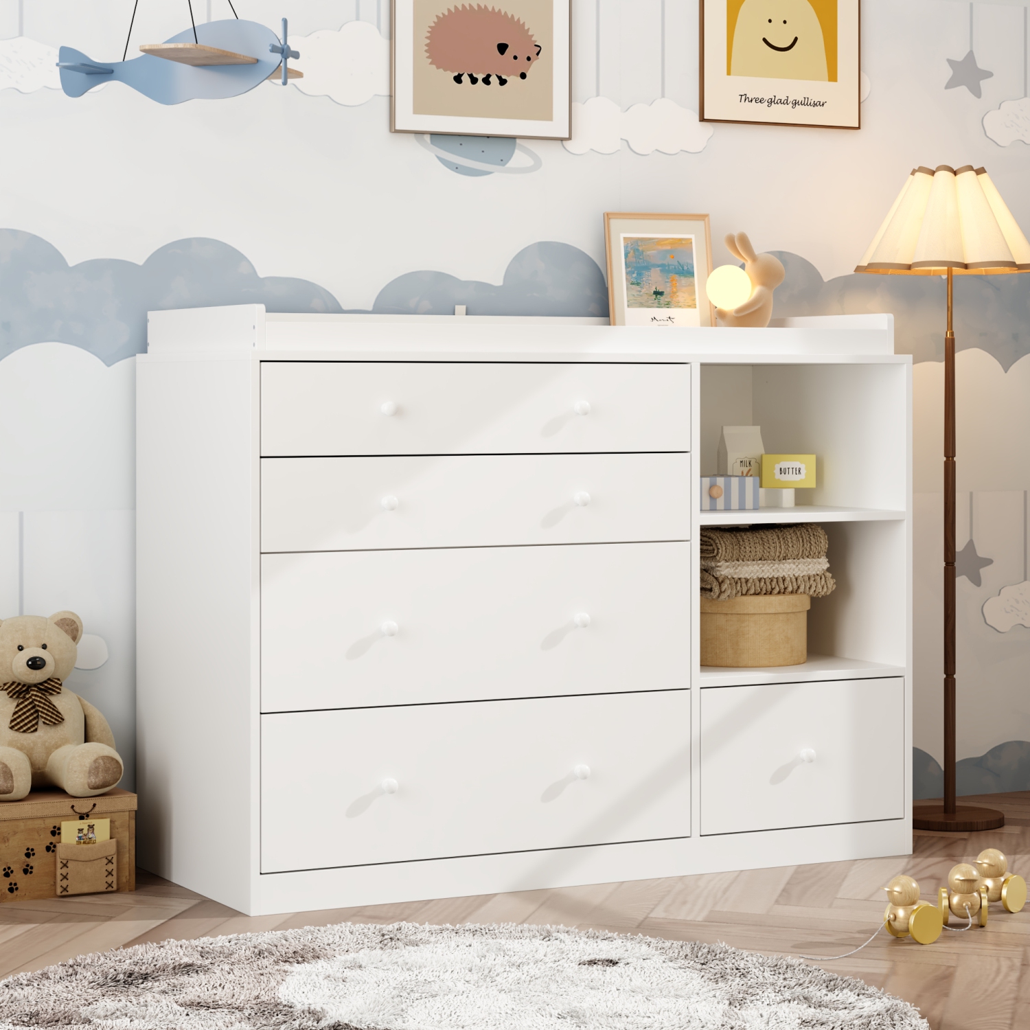 Homsee – Coffre de rangement à 5 tiroirs avec tablettes ouvertes, organisateur spacieux pour chambre à coucher ou chambre de bébé, blanc