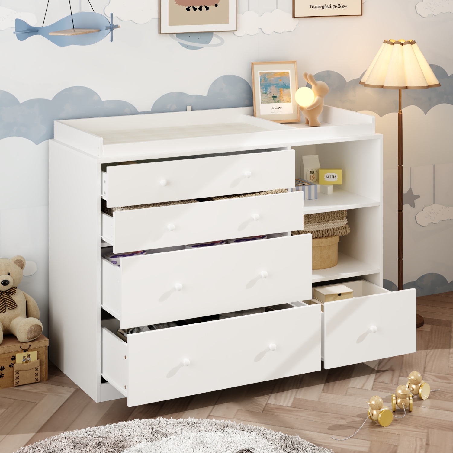 Homsee – Coffre de rangement à 5 tiroirs avec tablettes ouvertes, organisateur spacieux pour chambre à coucher ou chambre de bébé, blanc