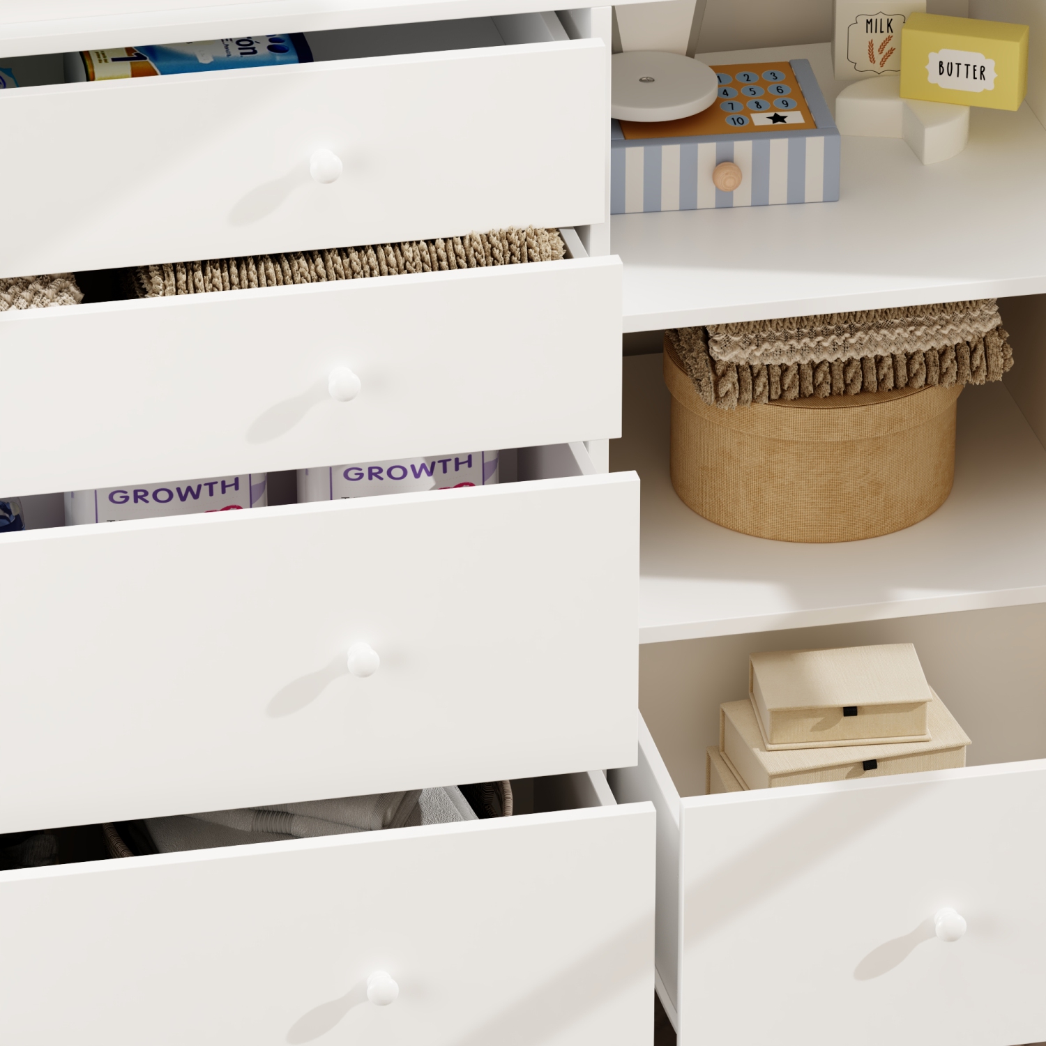 Homsee – Coffre de rangement à 5 tiroirs avec tablettes ouvertes, organisateur spacieux pour chambre à coucher ou chambre de bébé, blanc