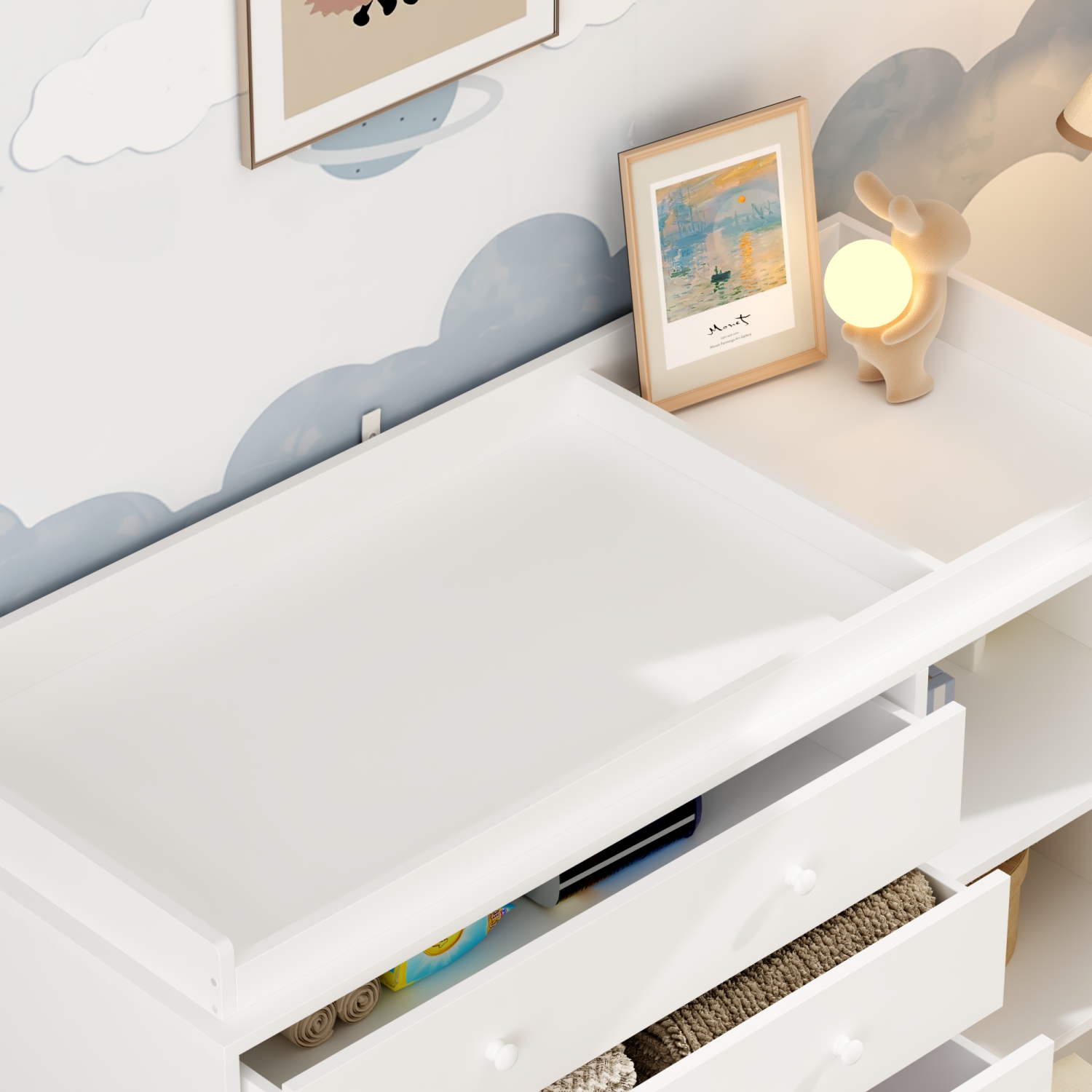 Homsee – Coffre de rangement à 5 tiroirs avec tablettes ouvertes, organisateur spacieux pour chambre à coucher ou chambre de bébé, blanc