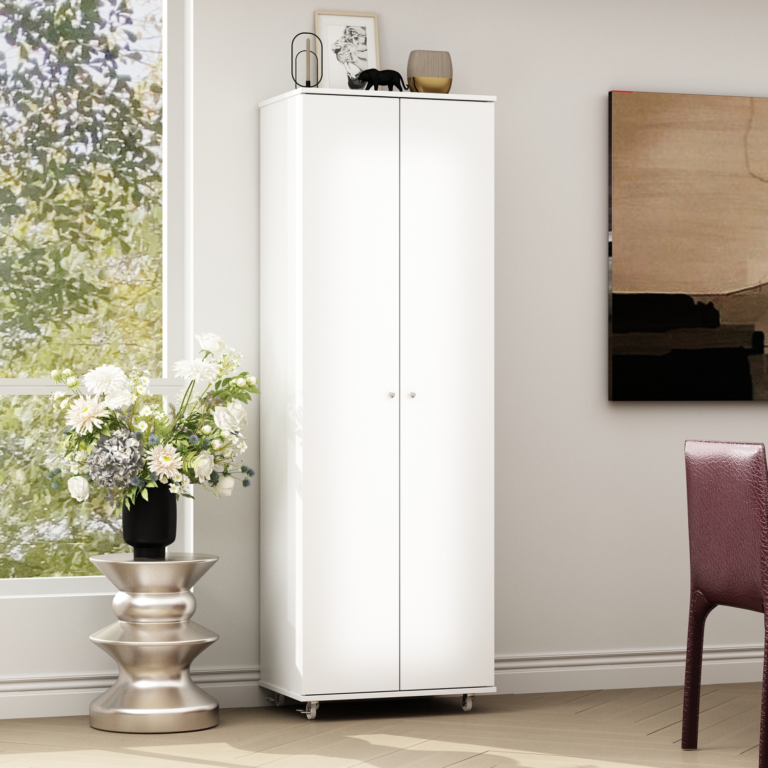 Homsee – Grande armoire de rangement avec roulettes et plusieurs tablettes, blanc