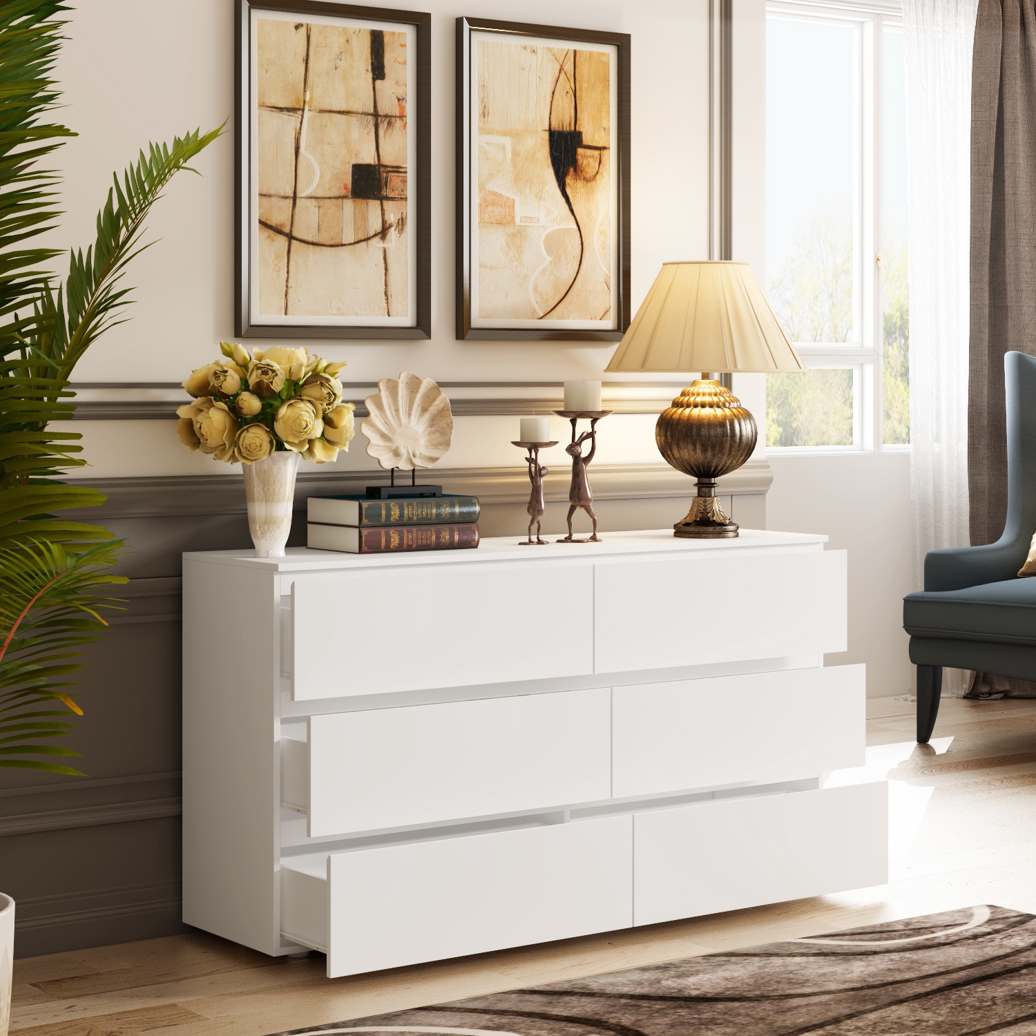 Homsee – Commode de rangement blanche à 6 7 tiroirs, sans poignée avec tiroirs escamotables pour chambre à coucher, blanc