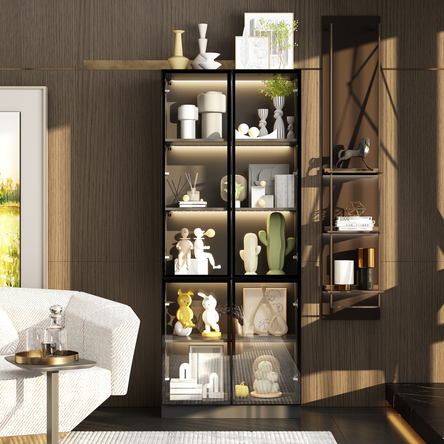 Homsee Modern Glass Door Display Cabinet with Adjustable Shelves and LED Lighting Black