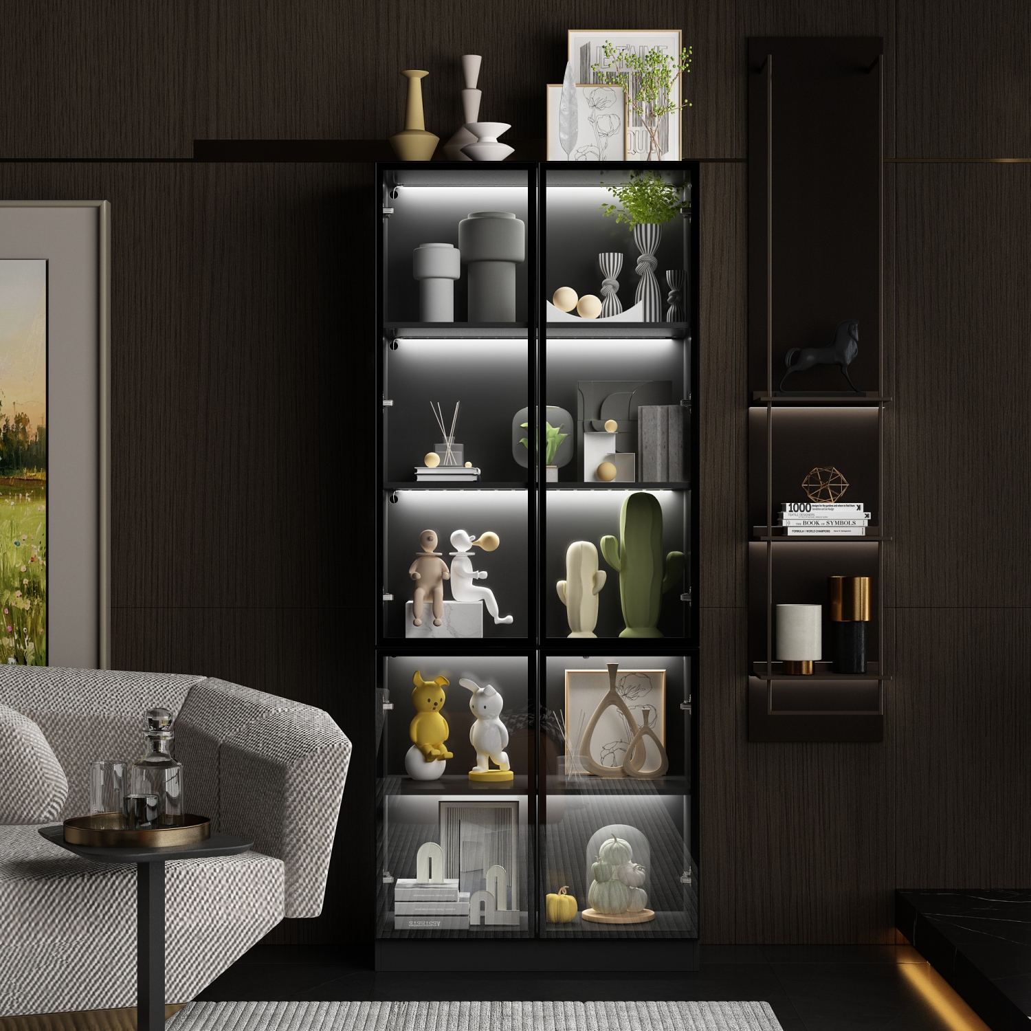 Homsee Modern Glass Door Display Cabinet with Adjustable Shelves and LED Lighting Black