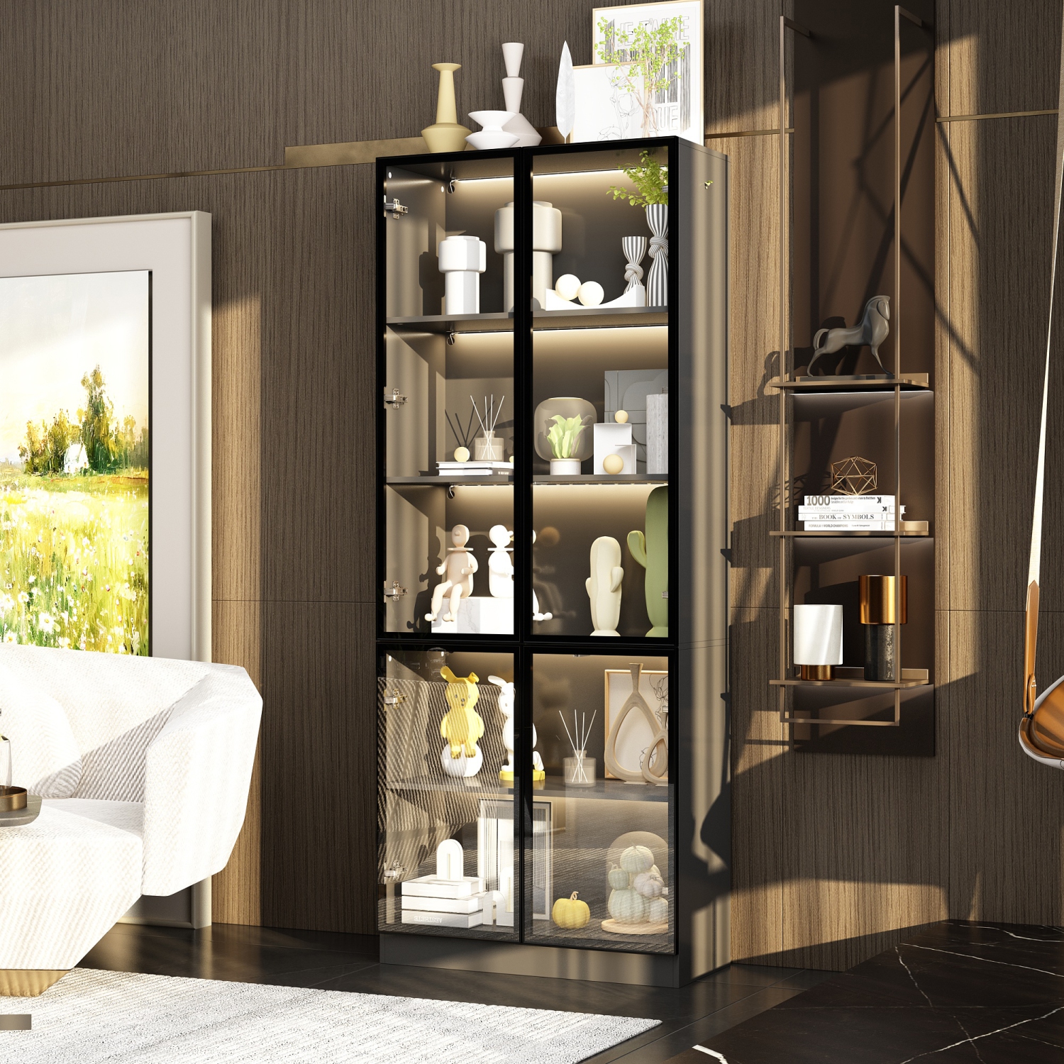 Homsee Modern Glass Door Display Cabinet with Adjustable Shelves and LED Lighting Black