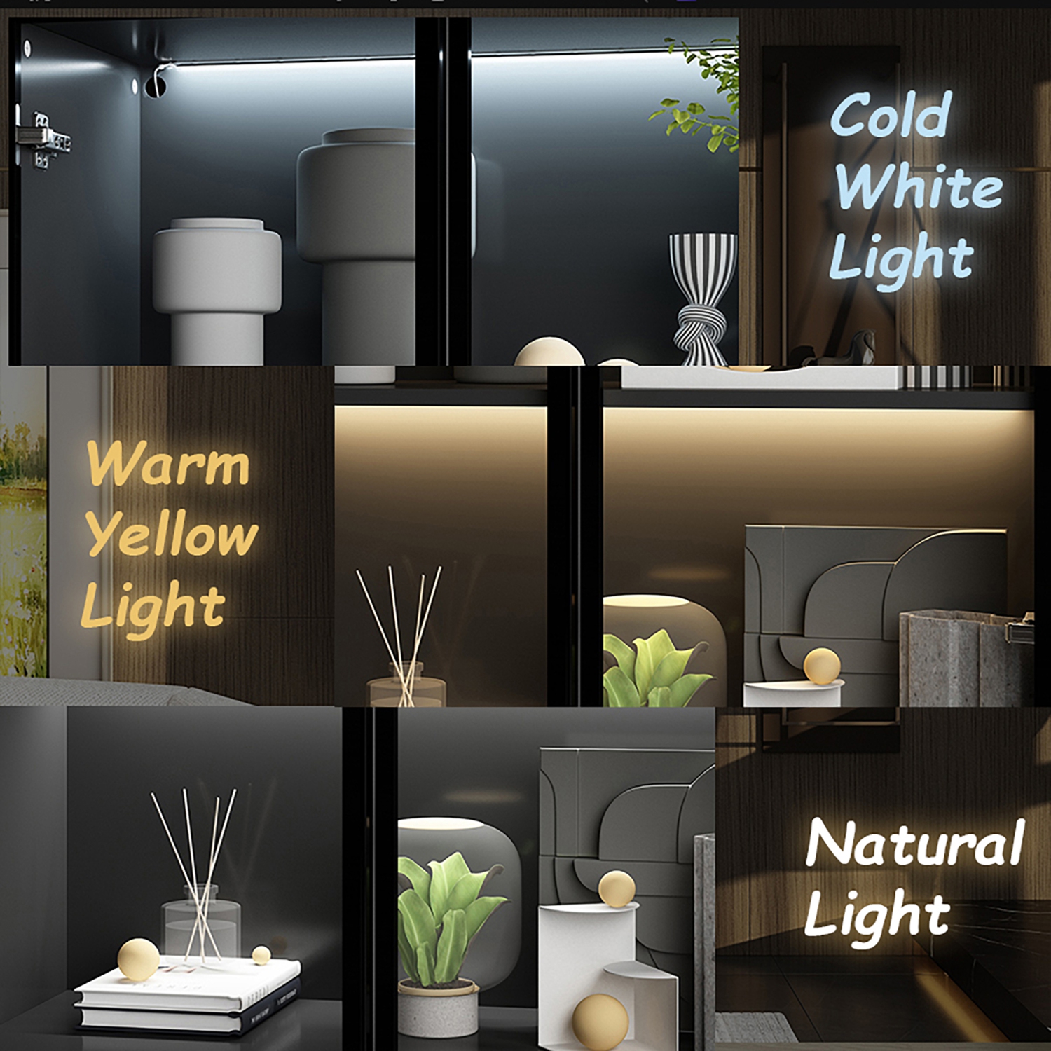 Homsee Modern Glass Door Display Cabinet with Adjustable Shelves and LED Lighting Black