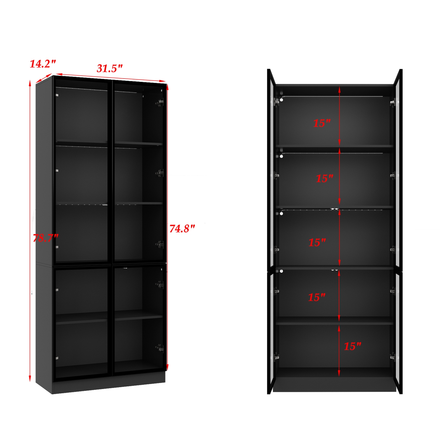 Homsee Modern Glass Door Display Cabinet with Adjustable Shelves and LED Lighting Black