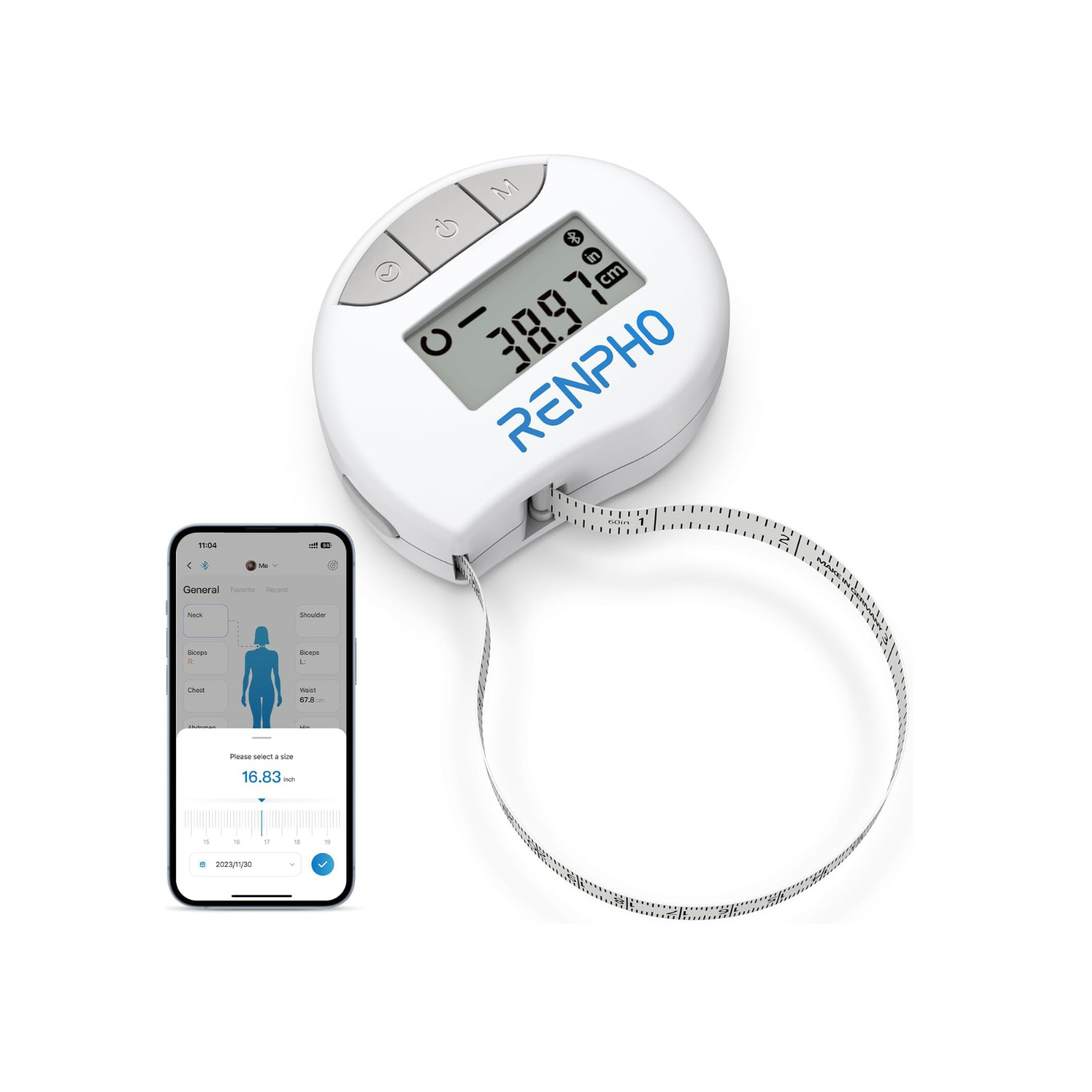 Smart Tape Measure RENPHO Bluetooth Measuring Tapes for Body Measurement Muscle Gain Fitness Bodybuilding Retractable Circumferences Inches & cm