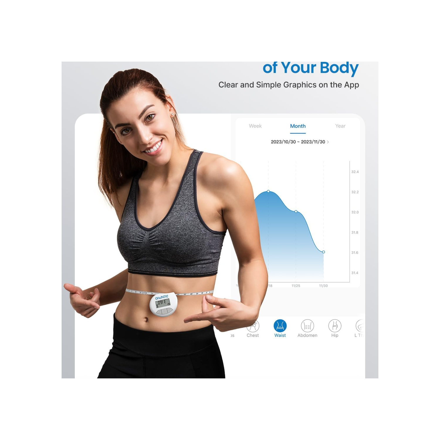 Smart Tape Measure RENPHO Bluetooth Measuring Tapes for Body Measurement Muscle Gain Fitness Bodybuilding Retractable Circumferences Inches & cm