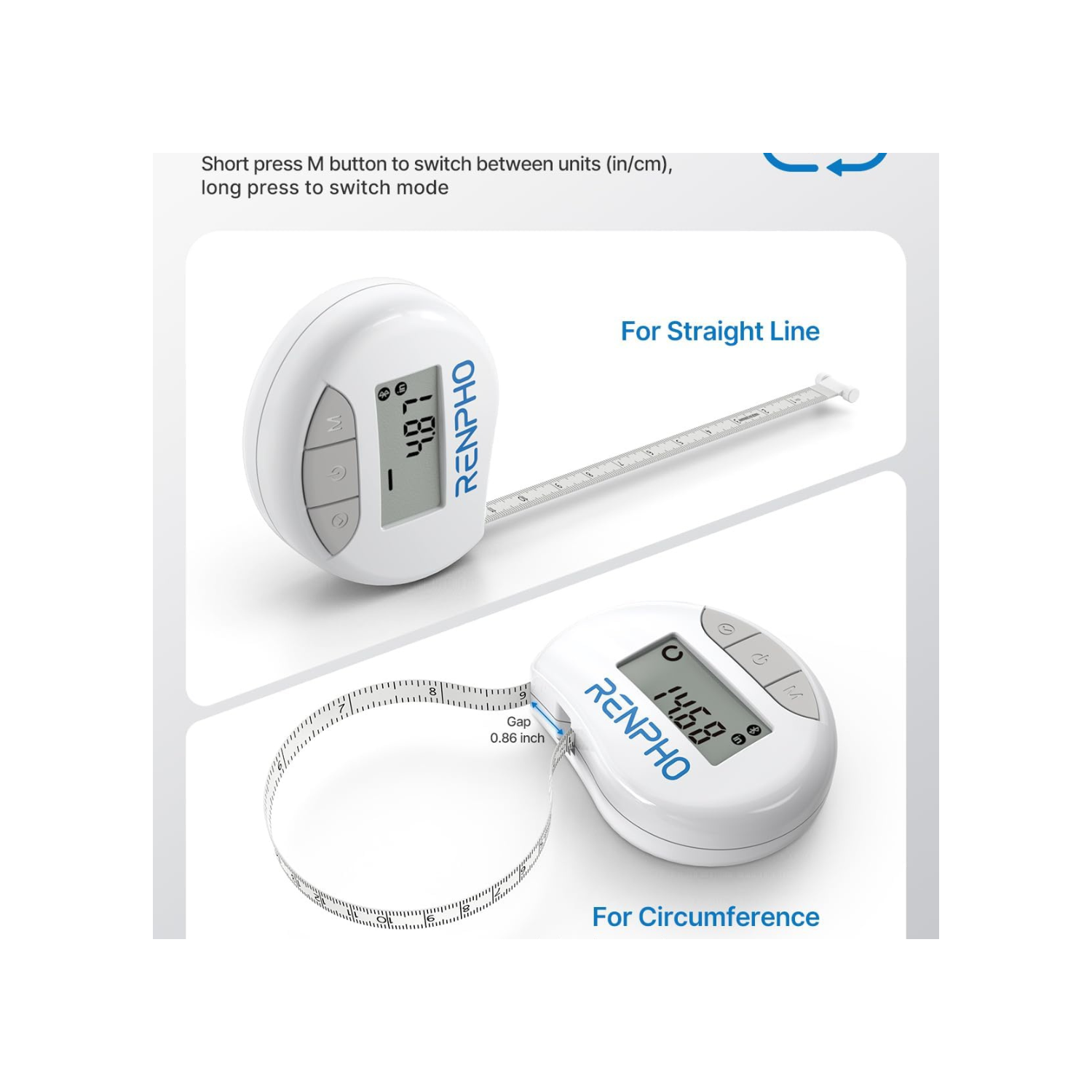 Smart Tape Measure RENPHO Bluetooth Measuring Tapes for Body Measurement Muscle Gain Fitness Bodybuilding Retractable Circumferences Inches & cm