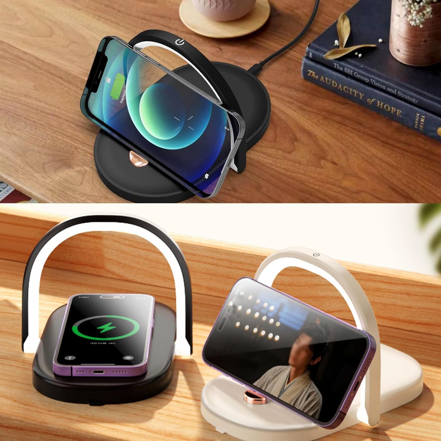 Lampe de chevet avec chargeur sans fil, lampe tactile 3 en 1, support de téléphone, lampe de chargement sans fil à intensité réglable, 3 modes de