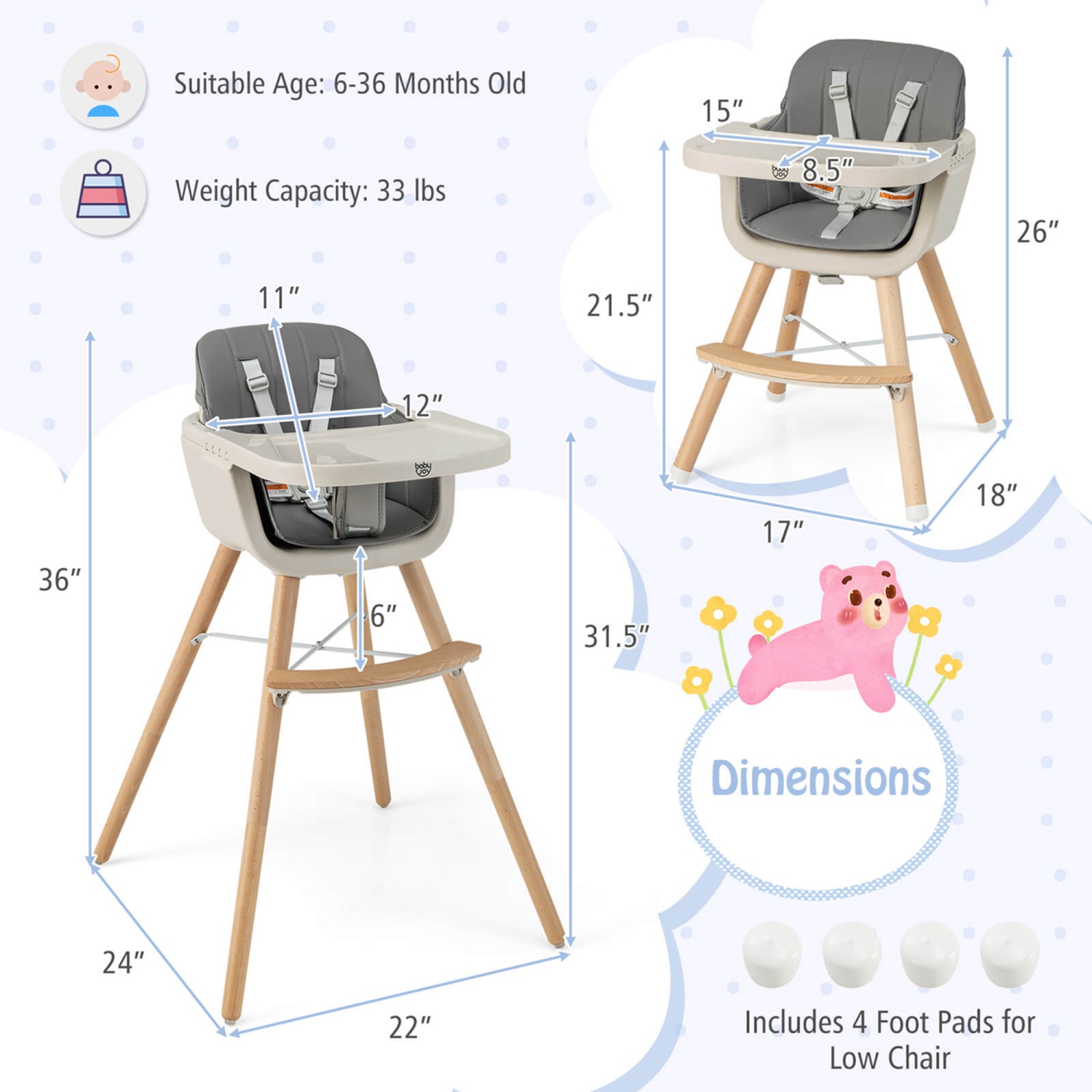 Costway 3 in 1 Convertible Wooden High Chair Baby Toddler Highchair w/ Cushion