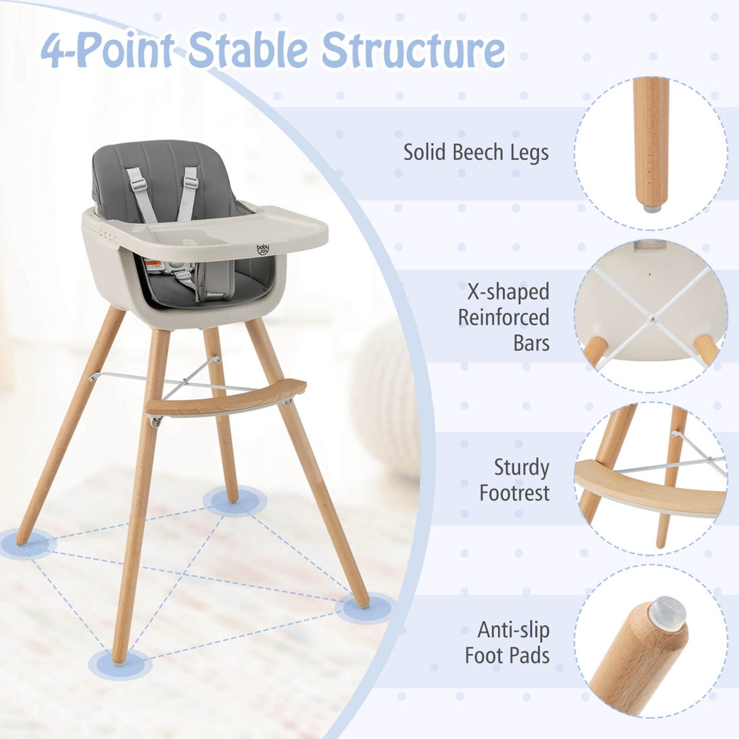 Costway 3 in 1 Convertible Wooden High Chair Baby Toddler Highchair w/ Cushion