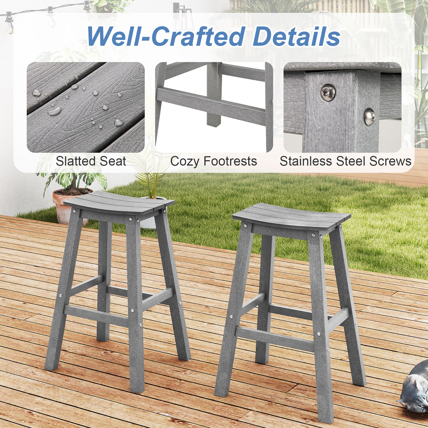 Gymax 29'' Patio Bar Stool Set of 2 w/ Curved Seat & Footrests for Backyard Outdoor