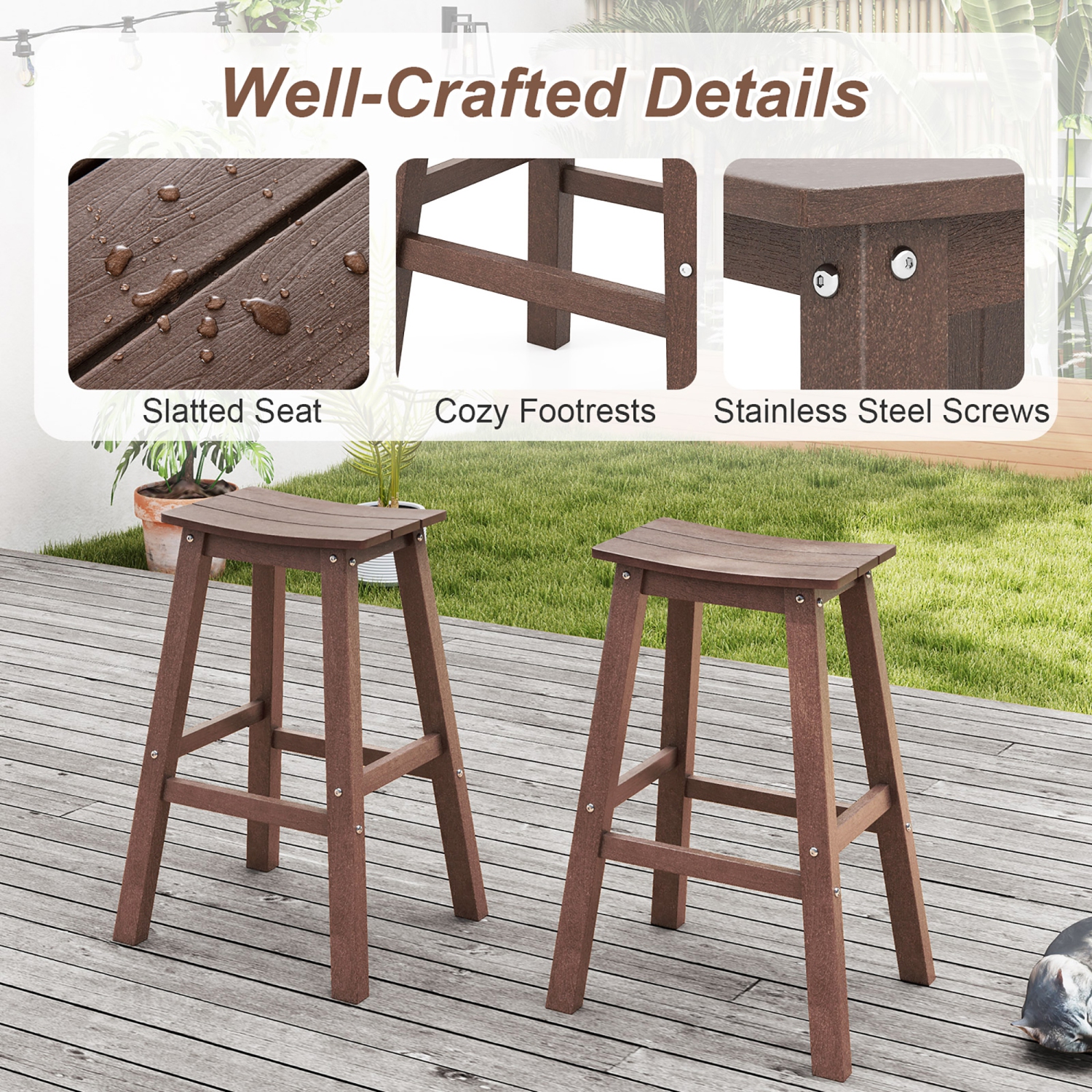 Gymax 29'' Patio Bar Stool Set of 2 w/ Curved Seat & Footrests for Backyard Outdoor
