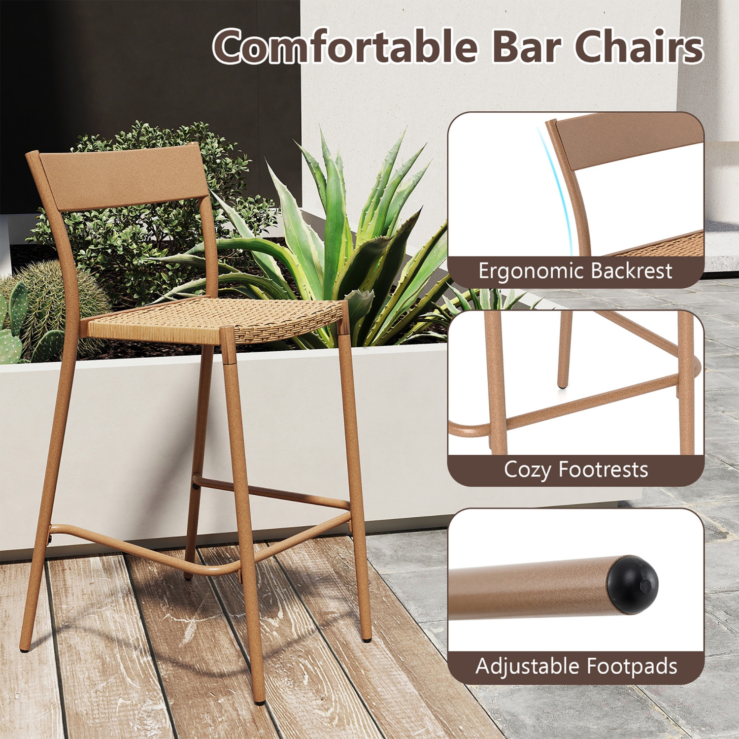 Gymax 4PCS Patio Barstools Outdoor Bar Height Chairs w/ Rattan Seat & Metal Backrest