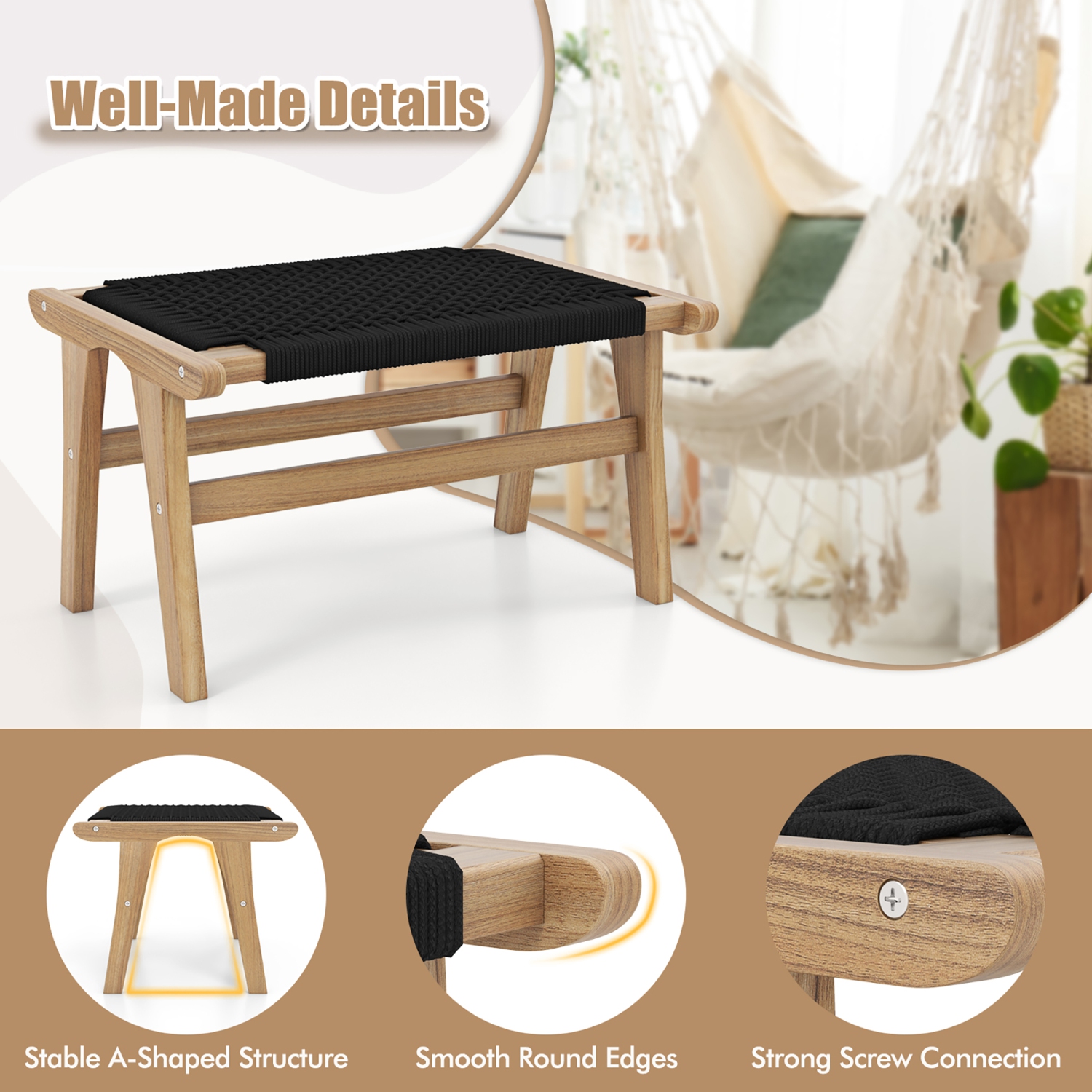 Gymax 2PCS Teak Ottoman Footstool w/ Handwoven Cordage for Patio Porch Balcony Lawn