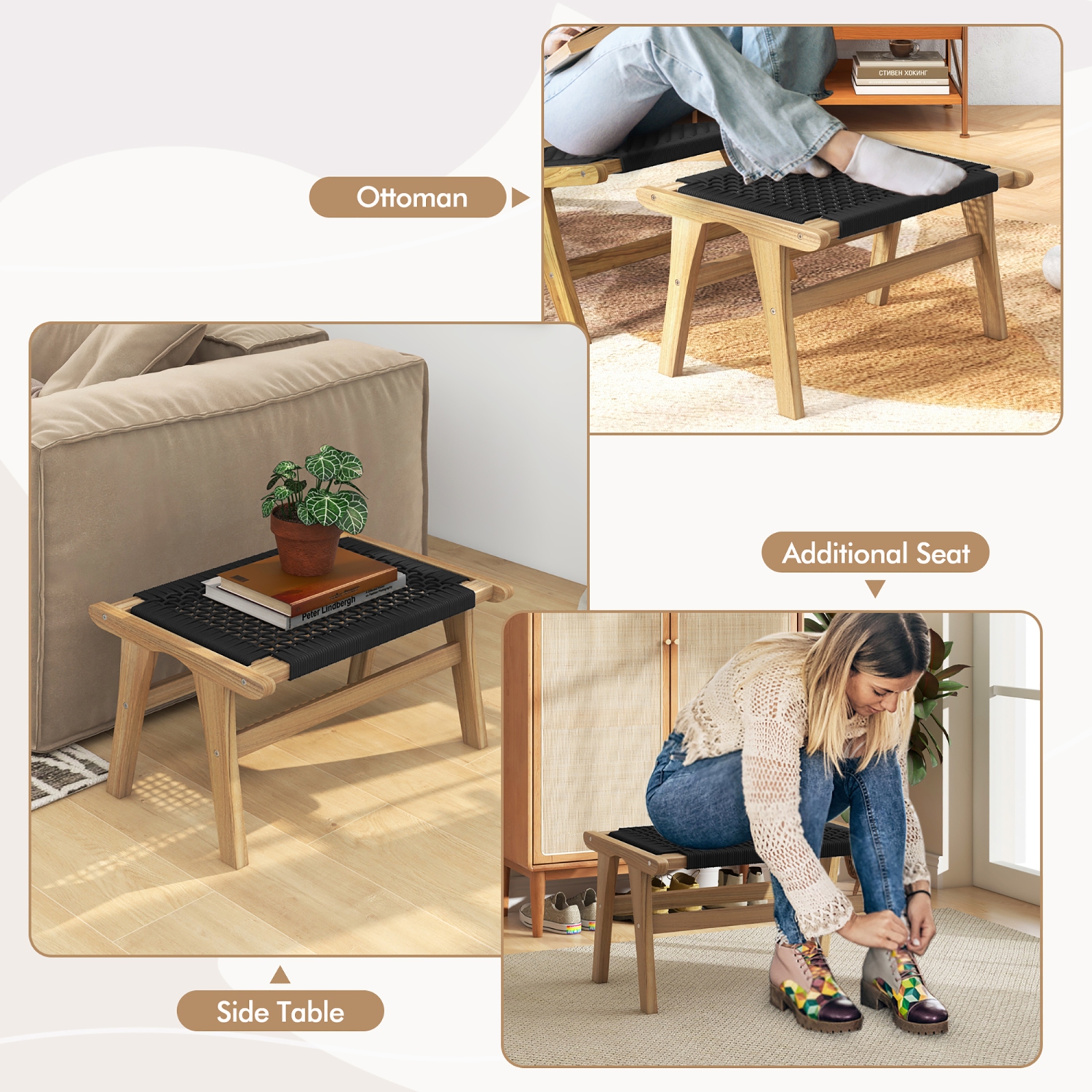 Gymax Teak Ottoman Footstool w/ Handwoven Cordage for Patio Porch Balcony Lawn